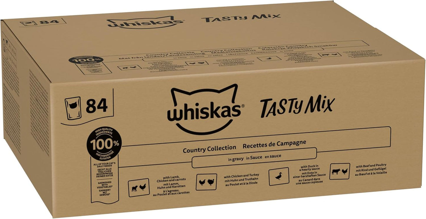 Whiskas Adult Wet Food 1+ Tasty Mix Country Collection en sauce, 84 sachets, 84 x 85 g (1 paquet en vrac) - Nourriture humide de haute qualité pour chats adultes