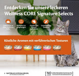 Wellness CORE Signature Selects 8 x 79g, Mélange Bœuf, Poulet et Dinde - Nourriture humide pour chats, délicieuses lanières en sauce, sans céréales, naturelle, hypoallergénique, riche en protéines, riche en viande