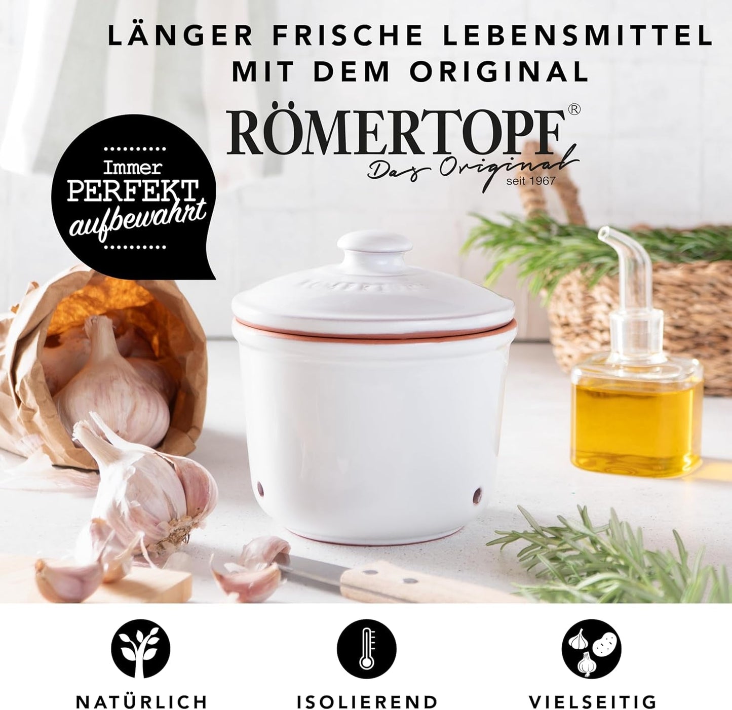Römertopf Fresh Pot MINI 0,6 litres - Pot à ail en céramique - L'argile respirante garde les légumes frais plus longtemps - Circulation d'air idéale - Boîtes de conservation blanches Naty Shop