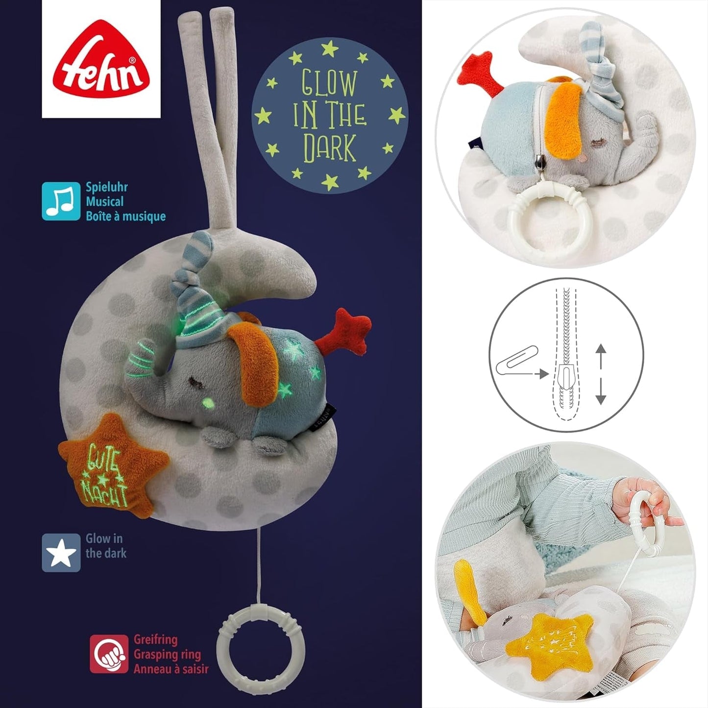 Fehn boîte à musique bébé éléphant dans la lune - broderie "Glow-in-the-dark" avec la chanson "La lune s'est levée" - peluche pour vous aider à vous endormir - jouet pour les enfants en déplacement et à la maison - à partir de 0 mois Baby Toys Naty Shop