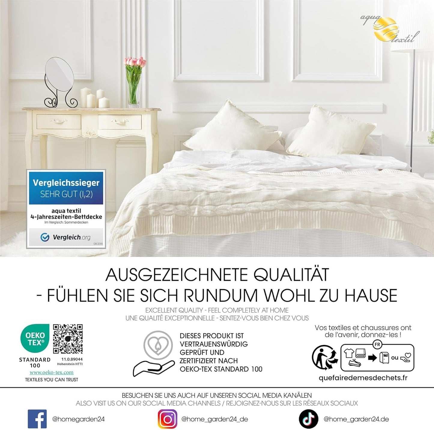 Aqua-Textil Couette 4 saisons 135X200Cm Couvertures nouées ensemble Hiver 800G Eté 600G Climatisation Couettes et couettes Oeko-Tex Naty Shop