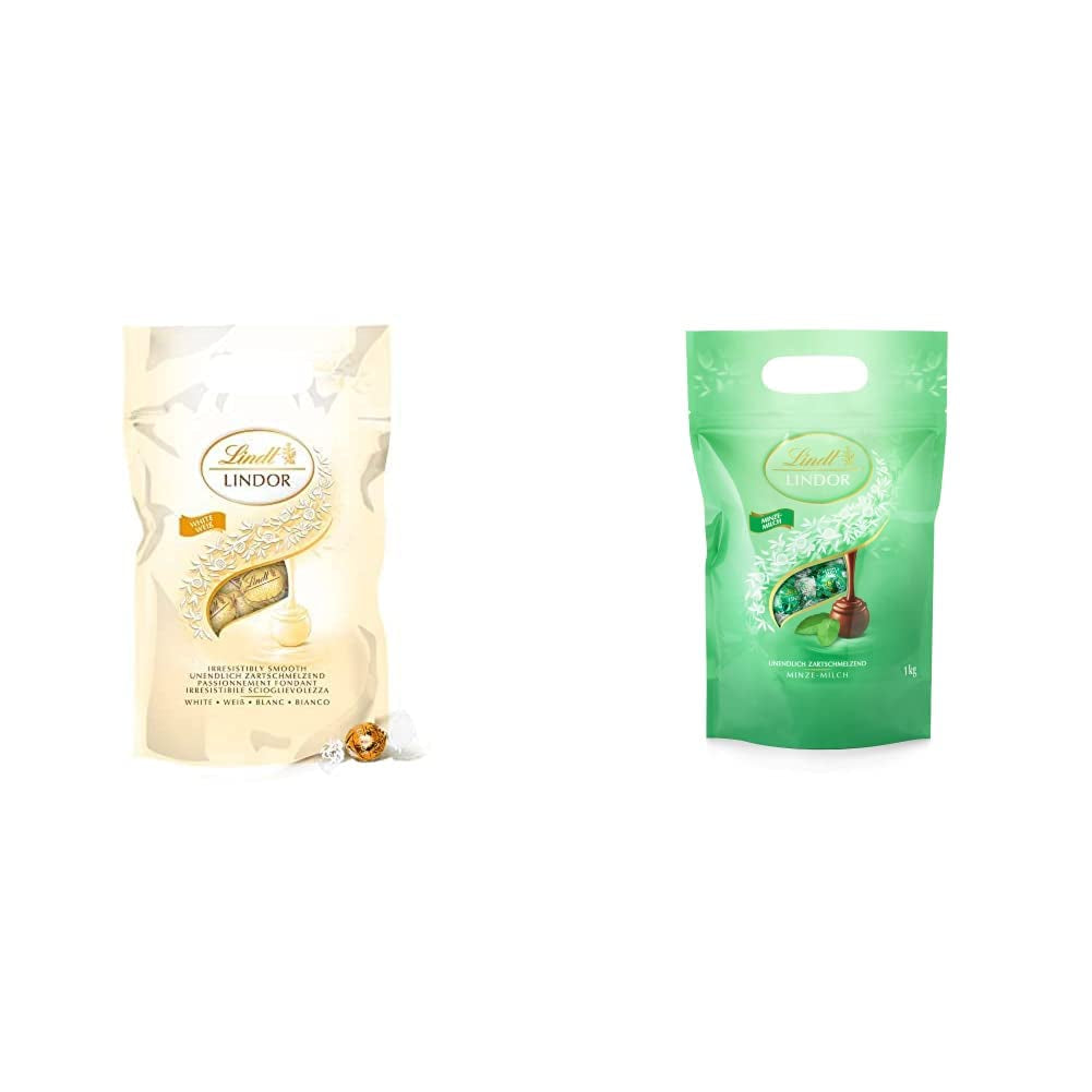 Boules de chocolat blanc LINDOR, 1 kg et LINDOR | Sac refermable de 1 kg | env. 80 boules de chocolat au lait fourrées à la menthe | Colis vrac, cadeau praliné, cadeau chocolat