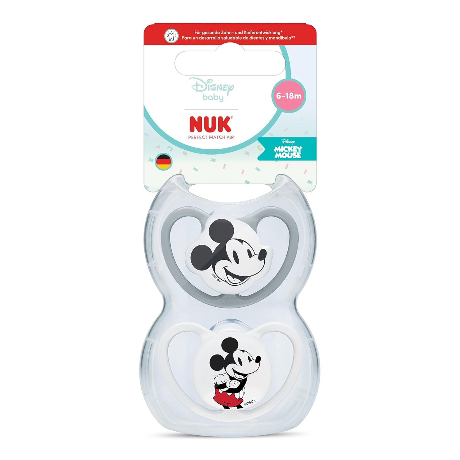 Sucettes NUK Perfect Match Air pour bébés | 6-18 mois | Sucettes orthodontiques qui favorisent la circulation de l'air et préviennent les éruptions cutanées causées par la salive | 95 % d'acceptation par les bébés** | Disney Mickey Mouse | Paquet de 2