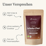 Thé épicé BIO Schoko Chai sans sucre, avec cabosses de cacao, cannelle, réglisse et autres épices aromatiques Chai, 100 g