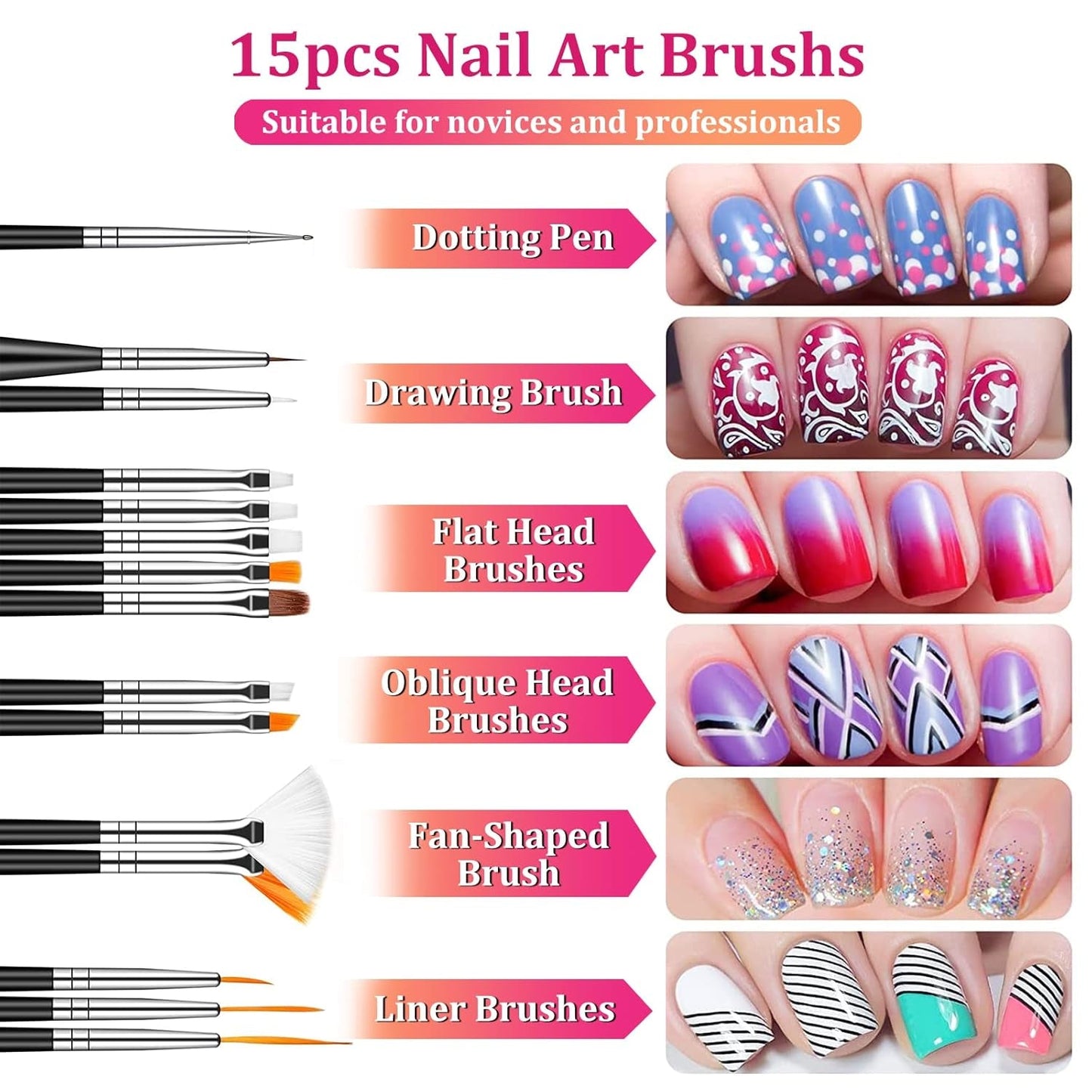 Ensemble de pinceaux et de décorations pour ongles, ensemble de pinceaux de décoration pour ongles, 15 pinceaux, 5 autocollants pour pinceaux, 5 stylos à pois, strass, paillettes ultra fines pour vernis à ongles