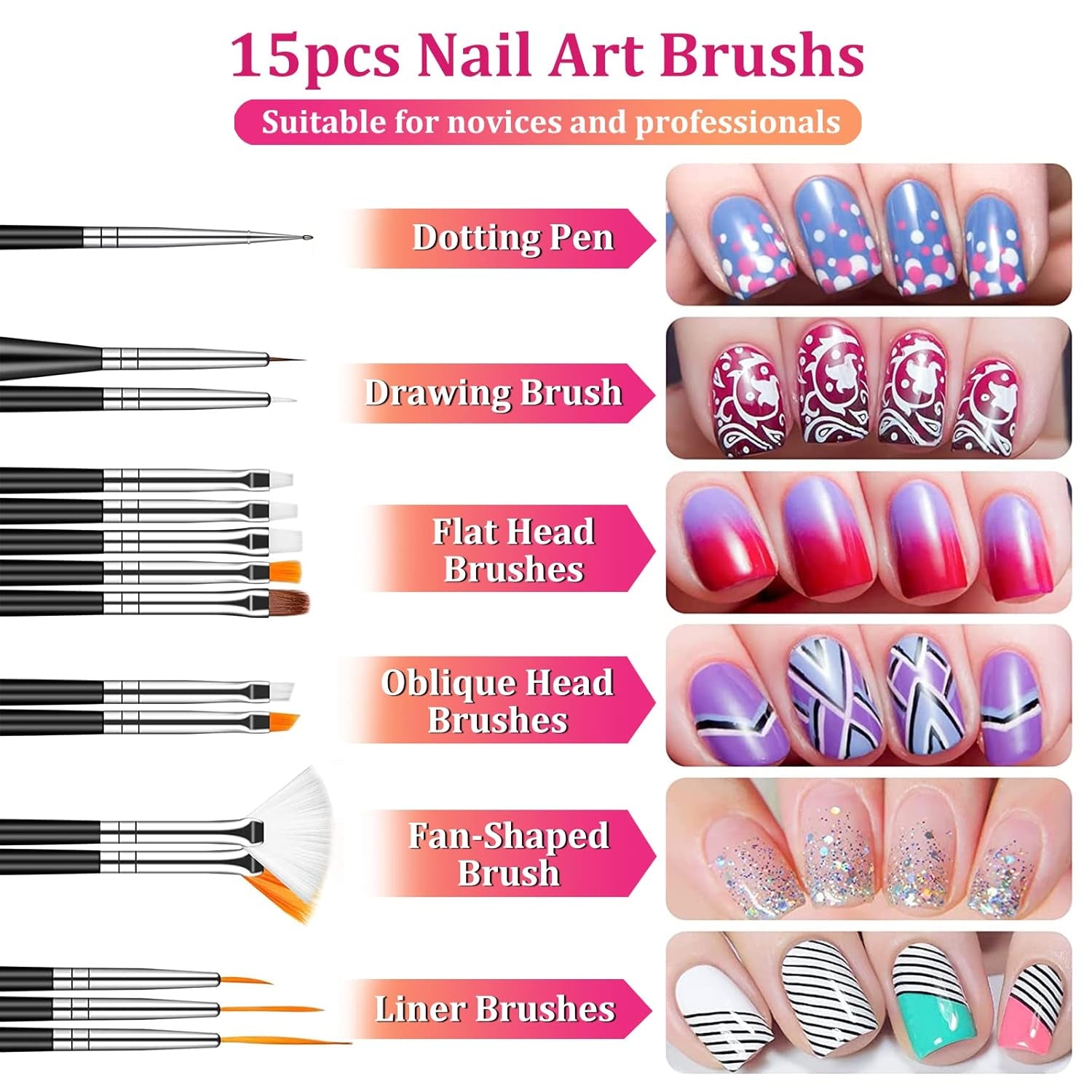 Ensemble de pinceaux et de décorations pour ongles, ensemble de pinceaux de décoration pour ongles, 15 pinceaux, 5 autocollants pour pinceaux, 5 stylos à pois, strass, paillettes ultra fines pour vernis à ongles