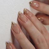 Longs conseils français colle à paillettes d'or sur les ongles longs carrés paillettes pointe française faux ongles ensemble ongles artificiels carrés pour les femmes 24 pièces