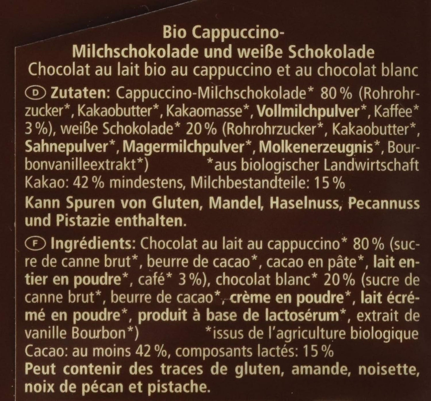 Chocolat bio fourré au cappuccino, 100g