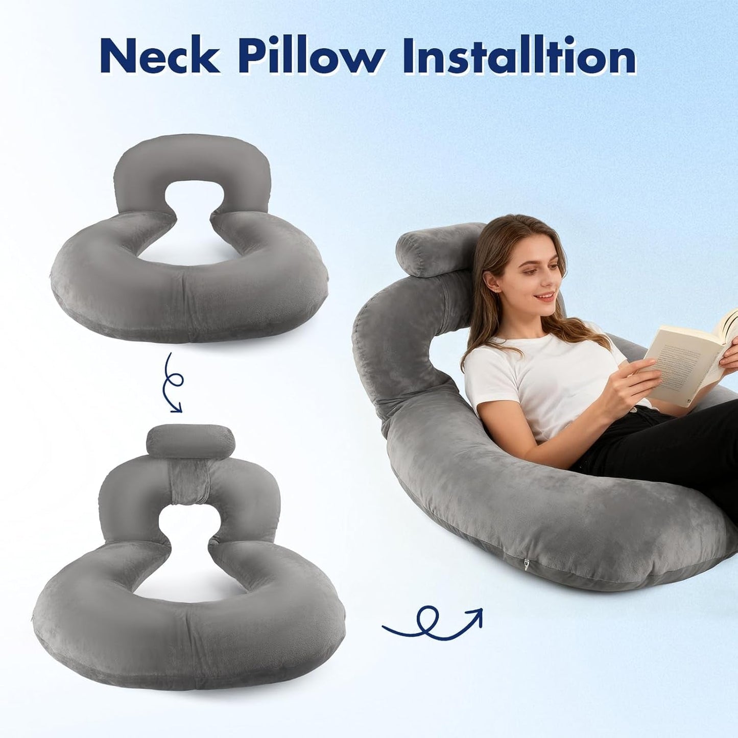 Oreiller de lecture, oreiller de dos en forme de U avec oreiller cervical, oreiller de jeu gris, oreiller pour lire, jouer, travailler, se reposer