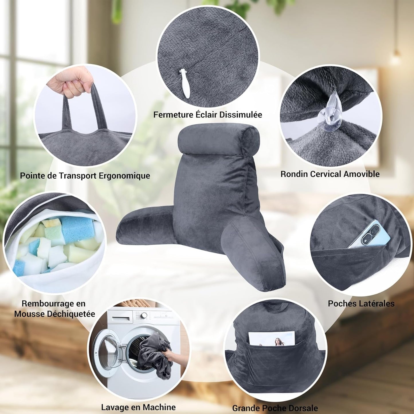 Oreiller de lecture ergonomique INFANTIA avec accoudoirs, support dorsal, grand, gris