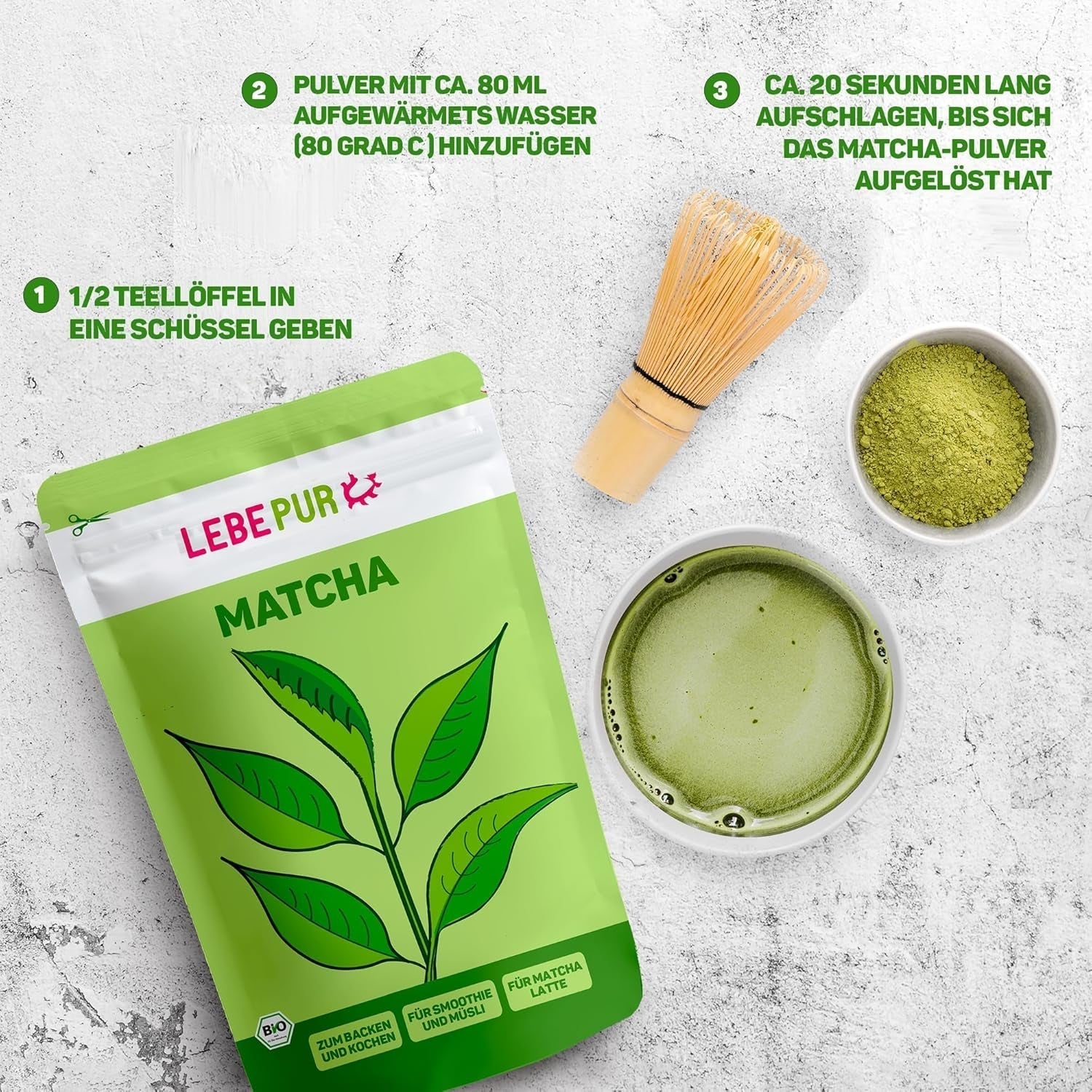 Lebepur BIO Matcha Poudre 100G - Qualité Premium du Japon Sans Additifs - Poudre de Thé Vert 100% Pure pour Matcha Latte, Thé Matcha, Thé Vert, Smoothie - Thé Vert Japonais