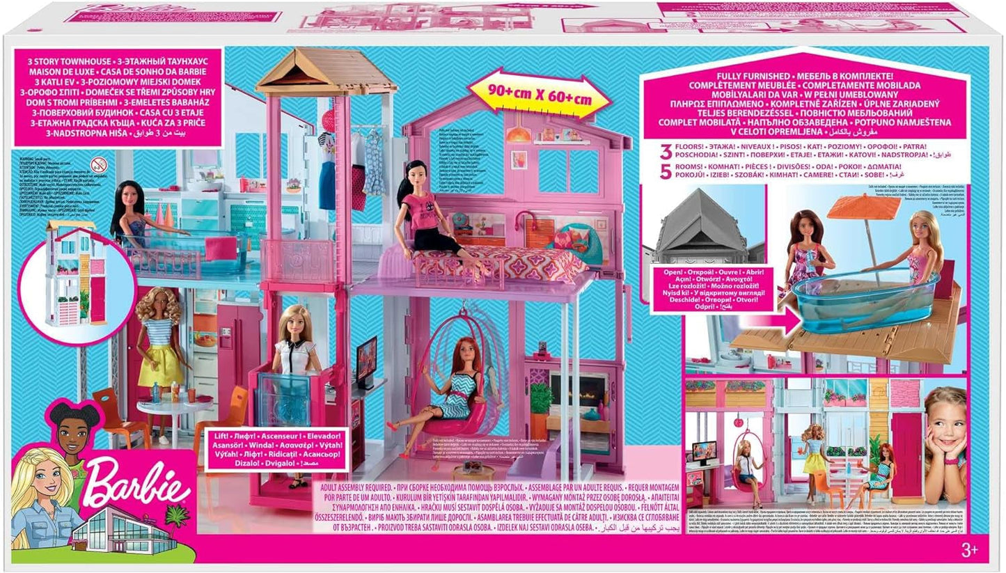 Barbie House Dream Villa Maison de ville 3 étages 5 pièces comprenant des accessoires comme des meubles, pliable et rangement, jouets à partir de 3 ans, DLY32 Naty Shop Maisons de poupées