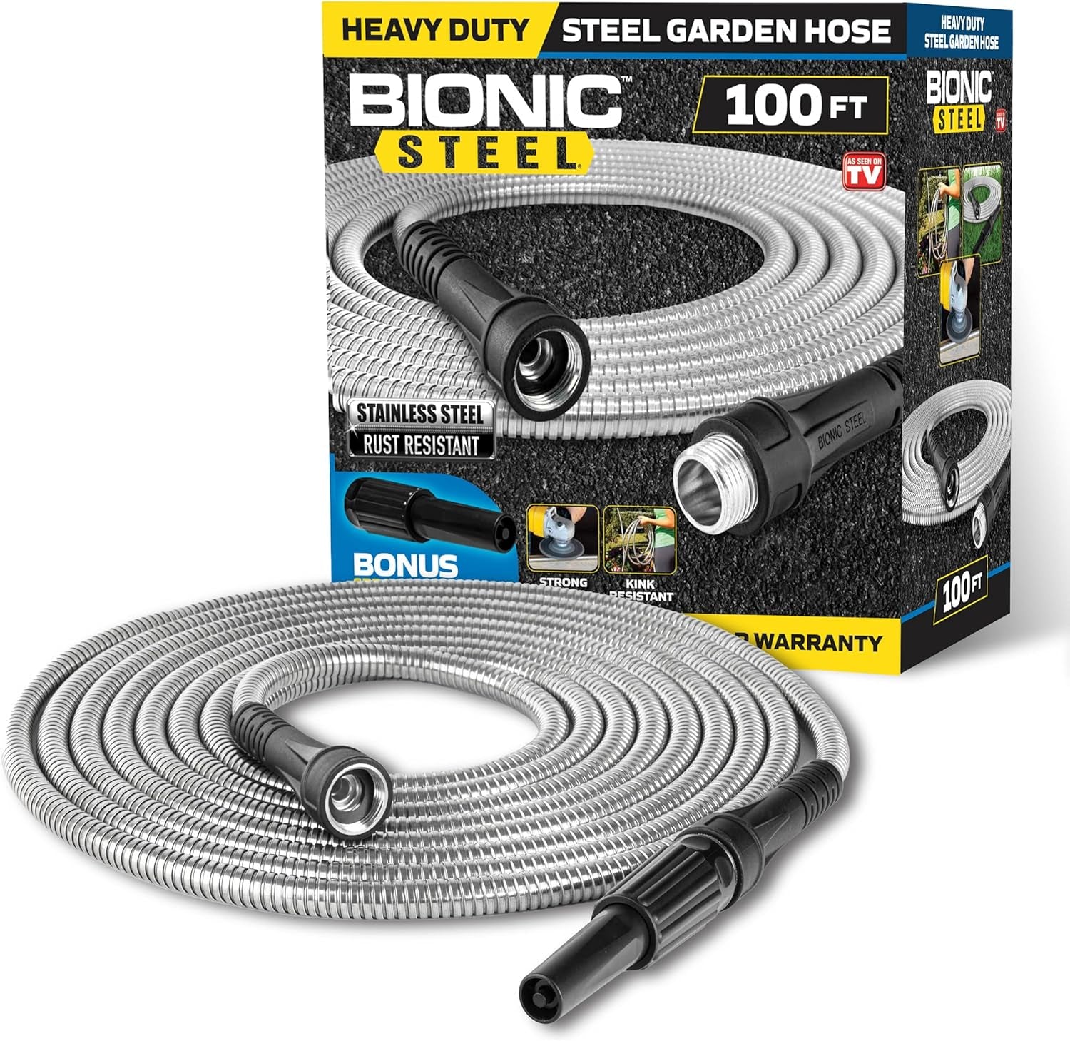 Tuyau d'arrosage de 30 m, tuyau d'eau en métal en acier inoxydable 304, tuyau flexible de 30 m, anti-naturel, ultra léger et durable, résistant aux déchirures, facile à enrouler, 500 PSI