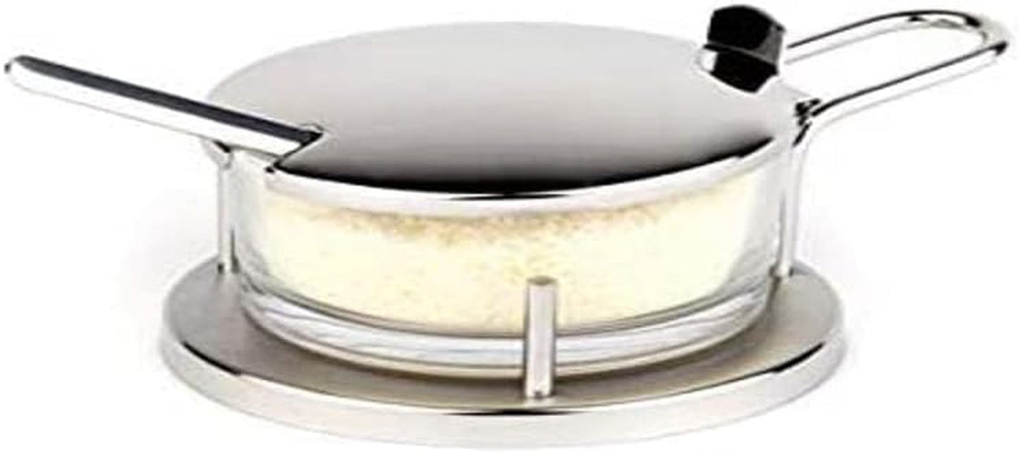 Service à parmesan APS "Classic", bol à parmesan, récipient à parmesan avec cuillère, verre transparent pour parmesan dans un support en acier inoxydable, 11 x 15 cm, hauteur 7 cm