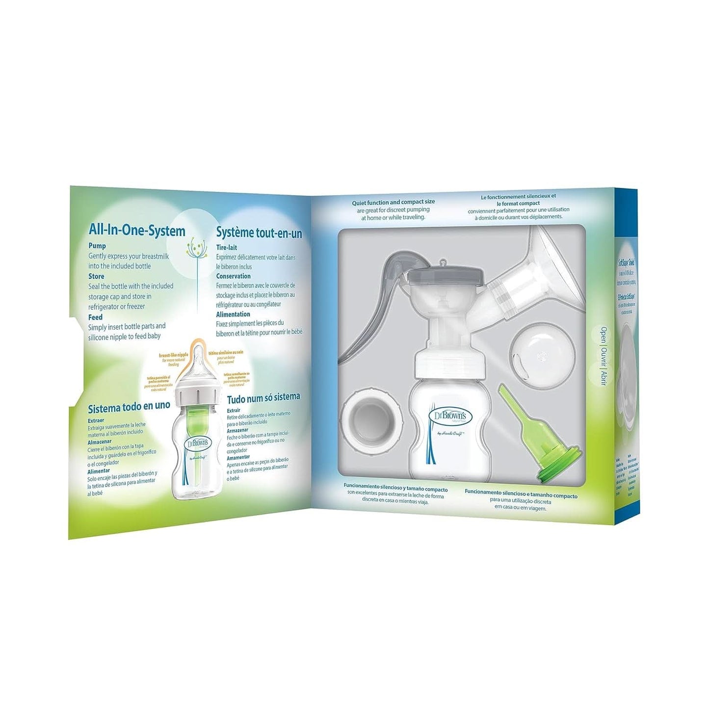 Tire-lait manuel avec protection Softshape 100% silicone (B, bride 25 mm) et options anti-coliques + biberon 150 ml à col large avec tétine à débit lent niveau 1 Accessoires Alimentation et Allaitement Bebe Naty Shop