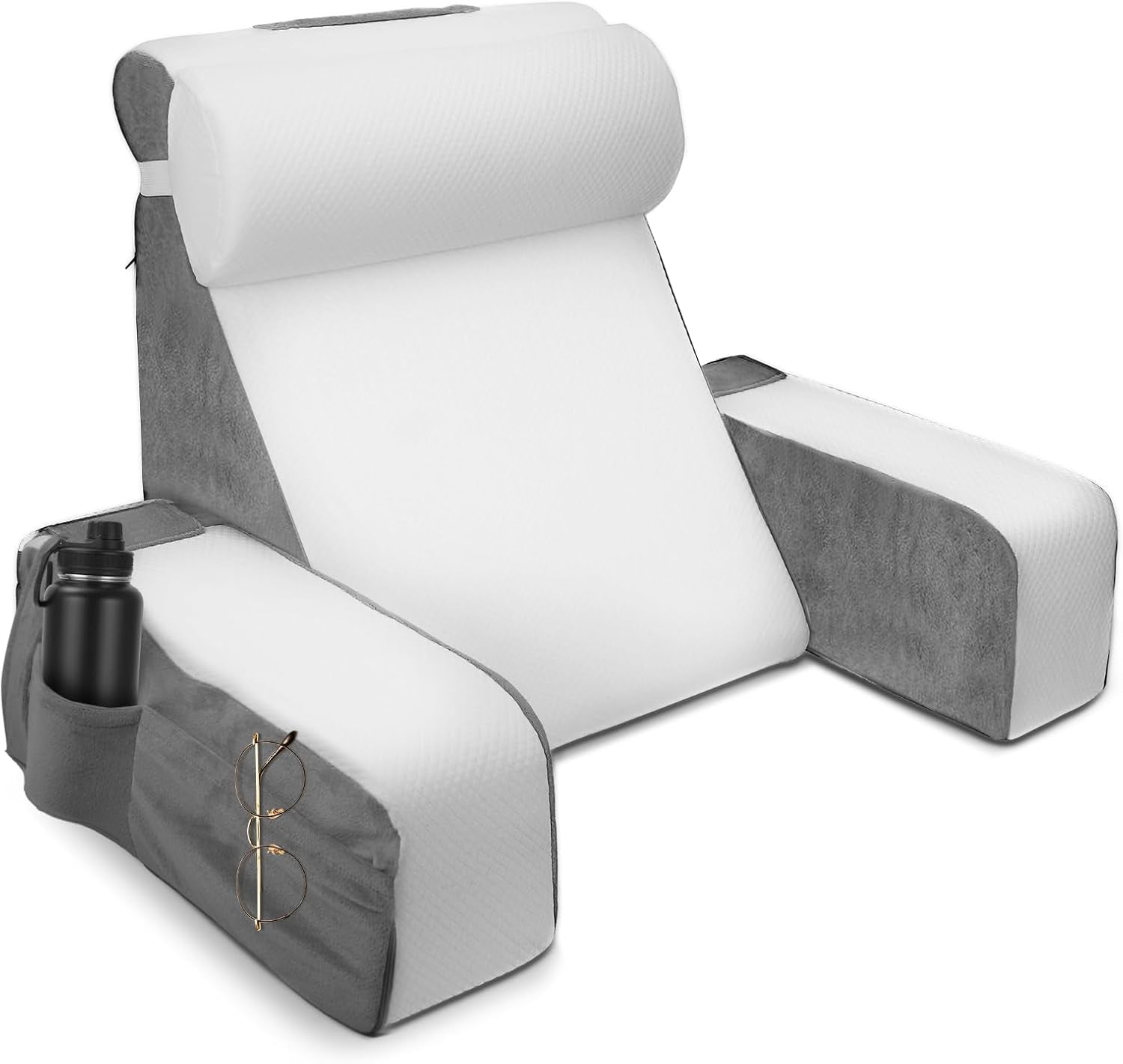 Grand coussin de lecture avec repose-nuque et accoudoirs amovibles, coussin de dossier pour lit, coussin de dos ergonomique avec bras, poche et housse lavable pour lire et regarder la télévision.