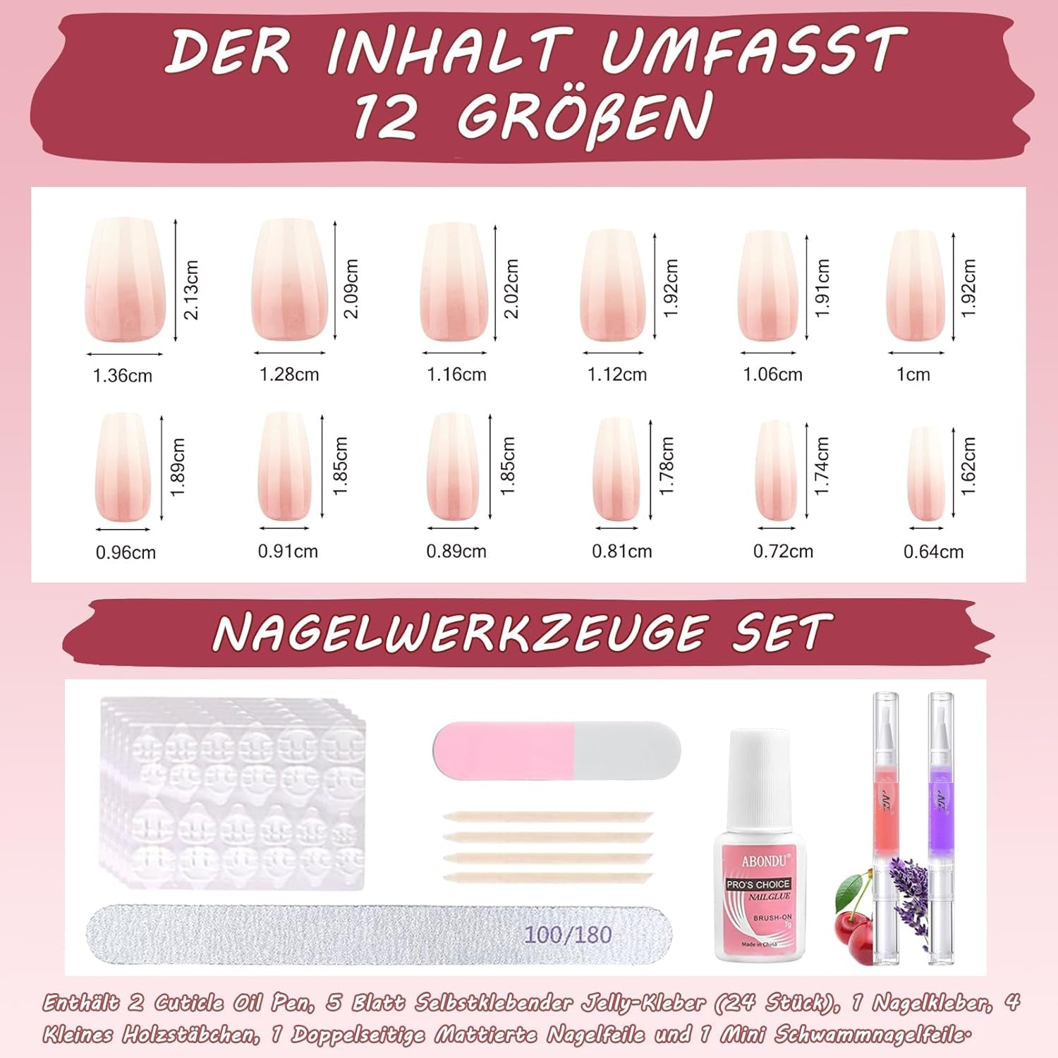 Ensemble de faux ongles ballerine dégradé 360 pièces, ongles artificiels à coller dégradé blanc rose avec 2 stylos à huile pour ongles, faux ongles moyens ombrés pour femmes à faire soi-même