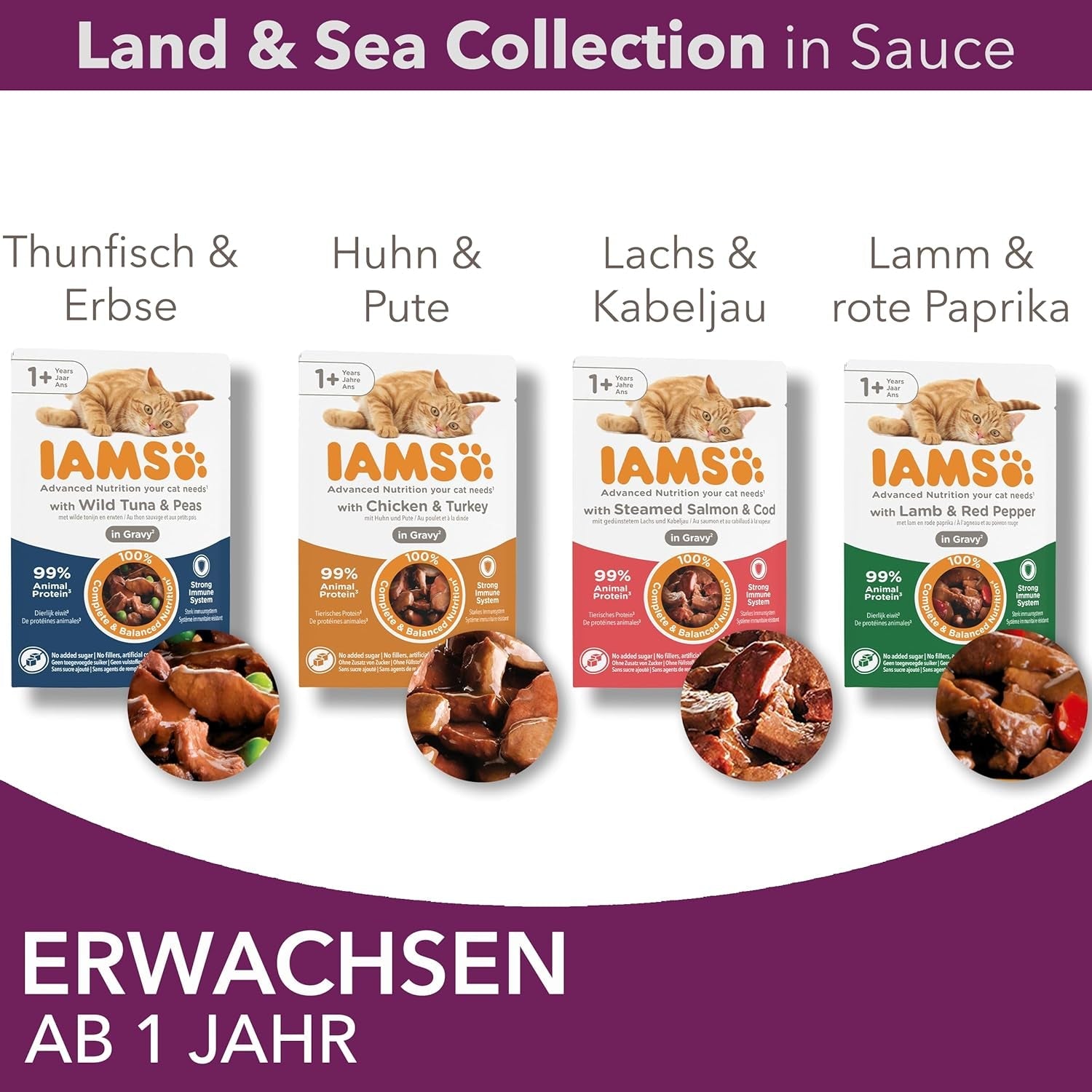 IAMS Delights Land & Sea Collection Nourriture humide pour chats - Assortiment de viande et de poisson multipack en sauce, nourriture humide pour chats de 1 an et plus, 12 x 85 g