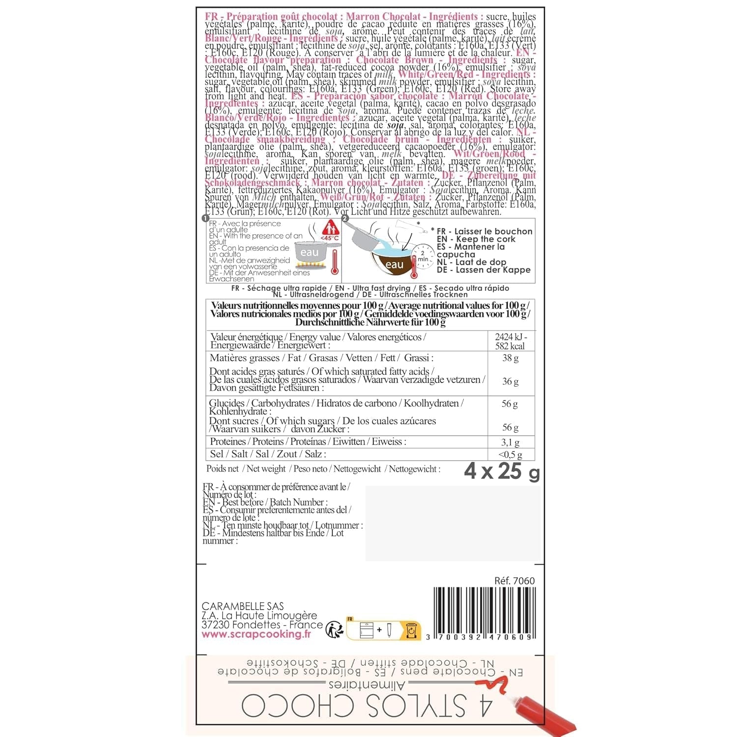Scrapcooking - Lot de 4 Crayons de Couleur Chocolat de Noël - Marron, Blanc, Vert et Rouge - Colorants Comestibles - Colorant Alimentaire pour Écrire - Écrire et Dessiner sur Desserts, Gâteaux et Biscuits - 7060