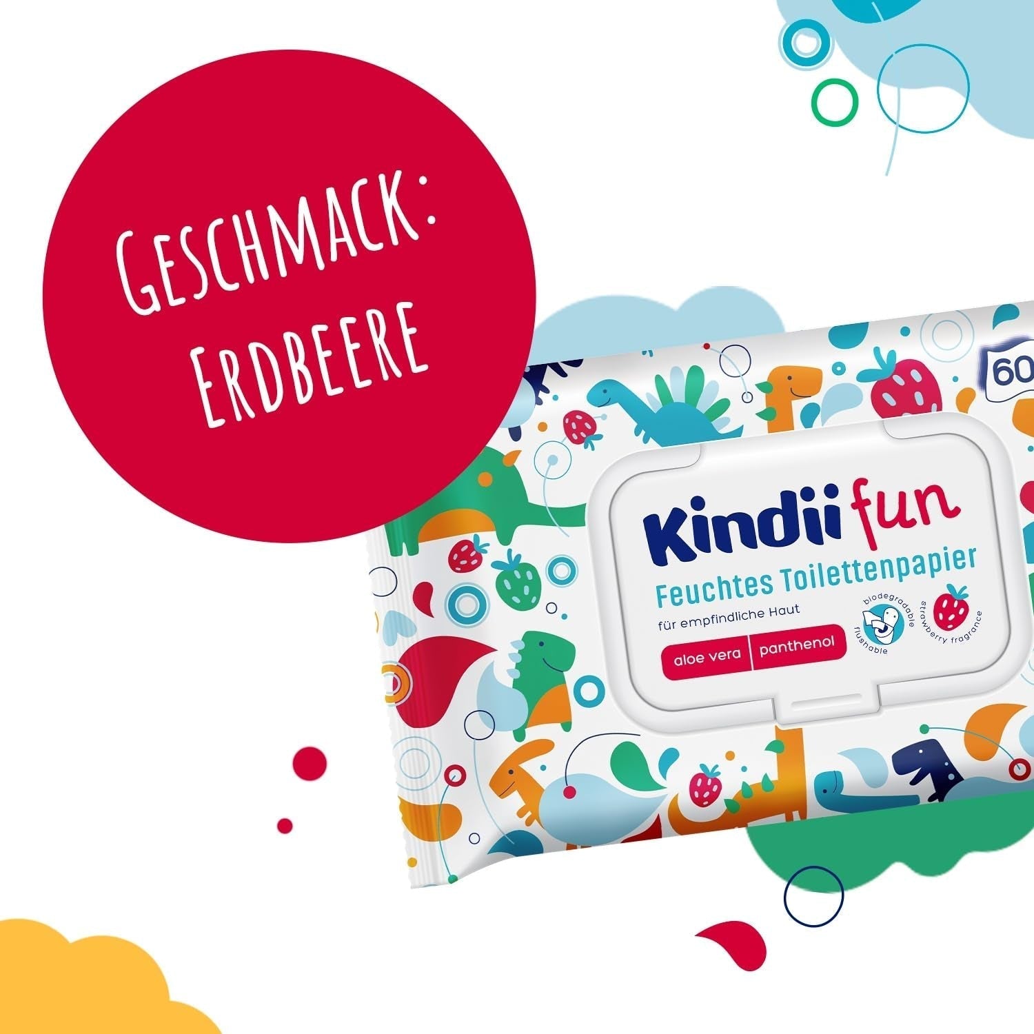 Kindii Fun Wet Toilet Paper - (10X60 pièces) Papier toilette humide - Camomille, Aloe Vera, Ph-Neutre, Waterable, Rafraîchit la zone intime - 600 pièces