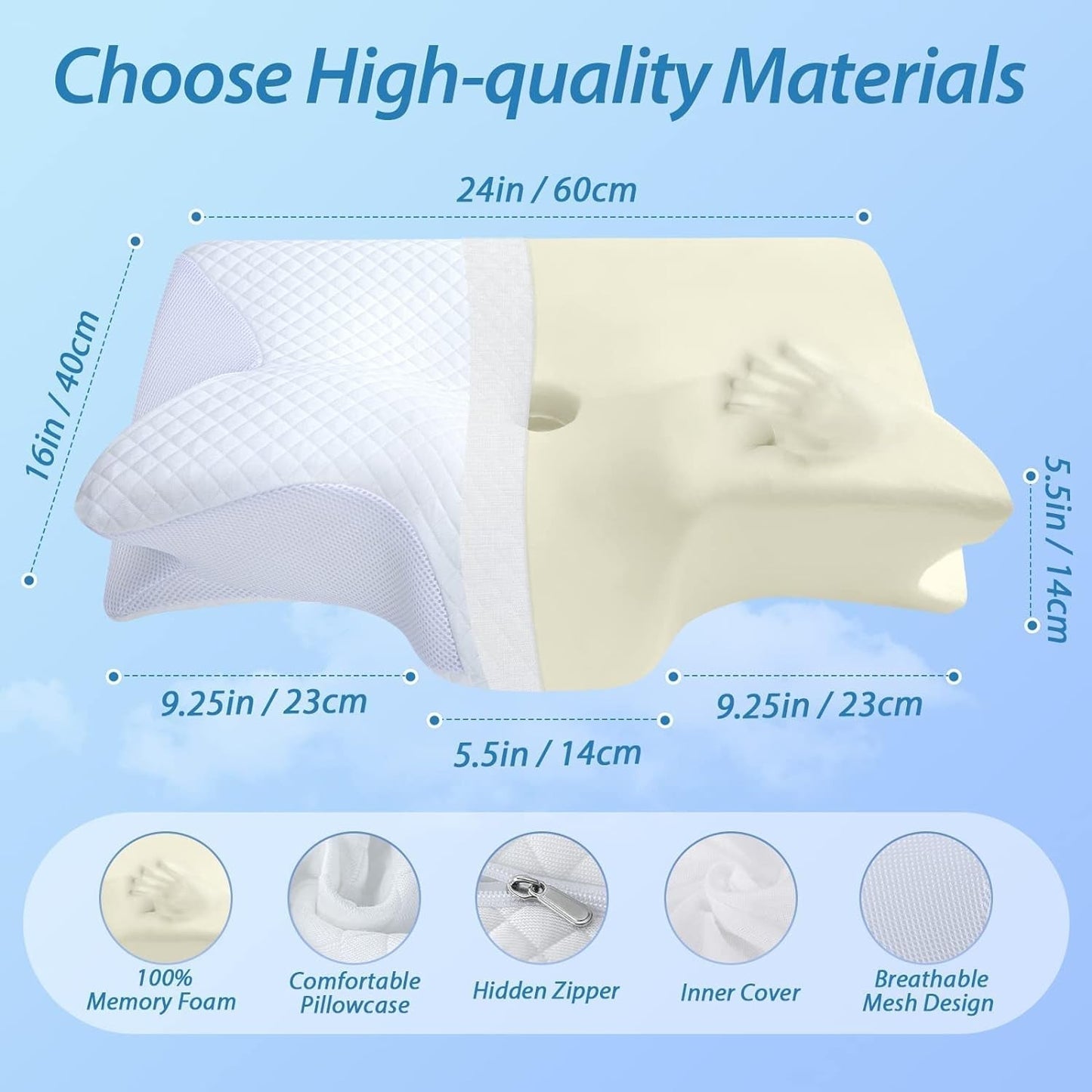 HOMCA Oreiller cervical Oreiller orthopédique 2 en 1 Oreiller en mousse à mémoire de forme Oreiller de soutien du cou Oreiller de tête ergonomique pour douleurs dorsales, latérales et abdominales 60 X 13/11 X 40 cm Naty Shop Oreillers orthopédiques cervicaux