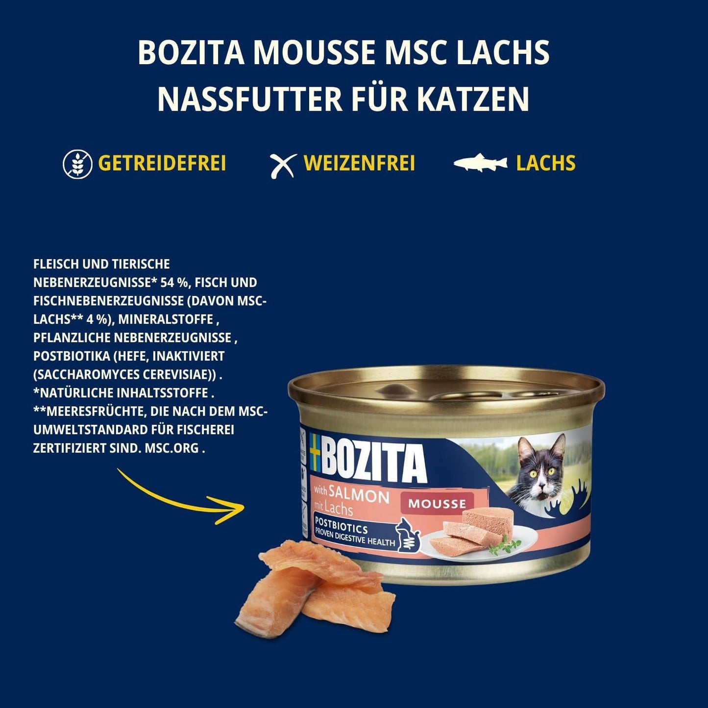 Bozita Mousse MSC Saumon - 12 x 85g nourriture humide pour chat à la texture fine de mousse et de saumon - recette sans céréales, sans sucres ni colorants ajoutés - avec postbiotiques pour soutenir la flore intestinale