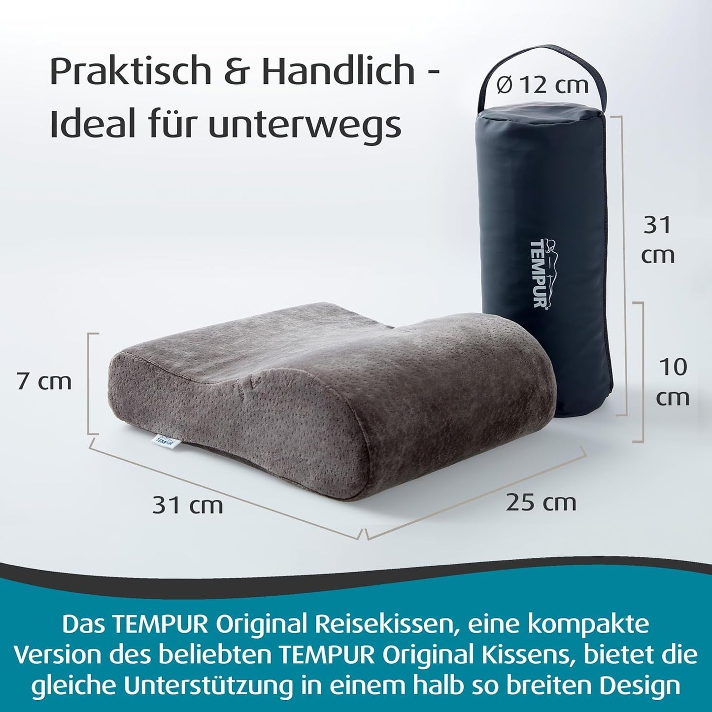 TEMPUR Oreiller de Voyage en Mousse à Mémoire de Forme, Oreiller Cervical Ergonomique, avec Sac de Transport, Anthracite, Dimensions 25 x 31 x 10/7 cm