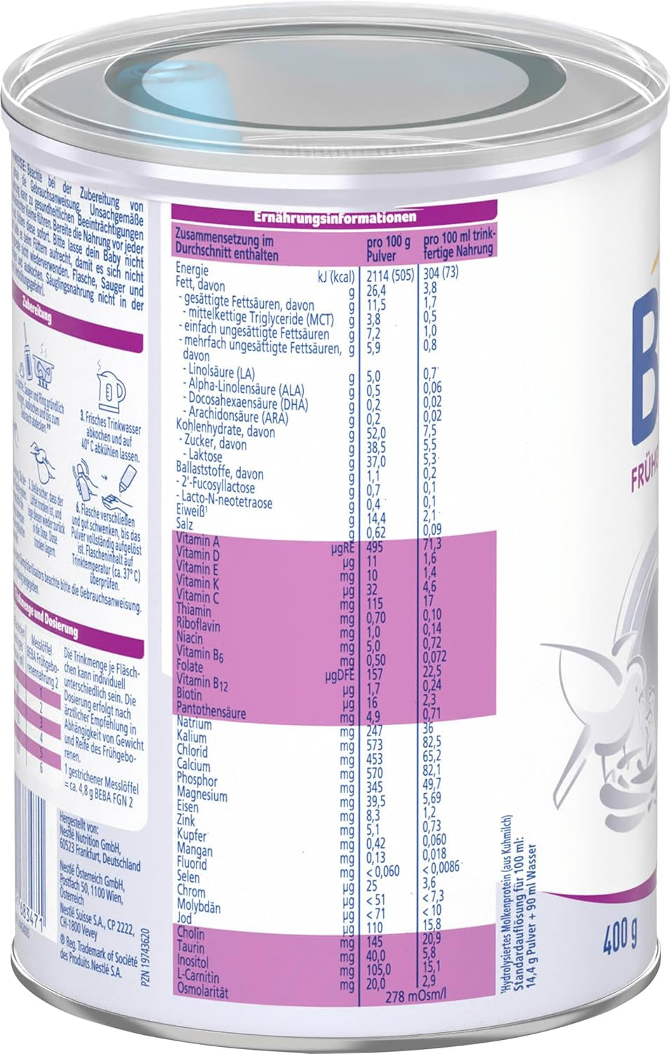BEBA Préparation pour nourrissons prématurés Stage 2 – Nourrissons prématurés après sortie de l'hôpital, nourriture pour bébé, lait en poudre pour bébé, 1 paquet (1 x 400 g)