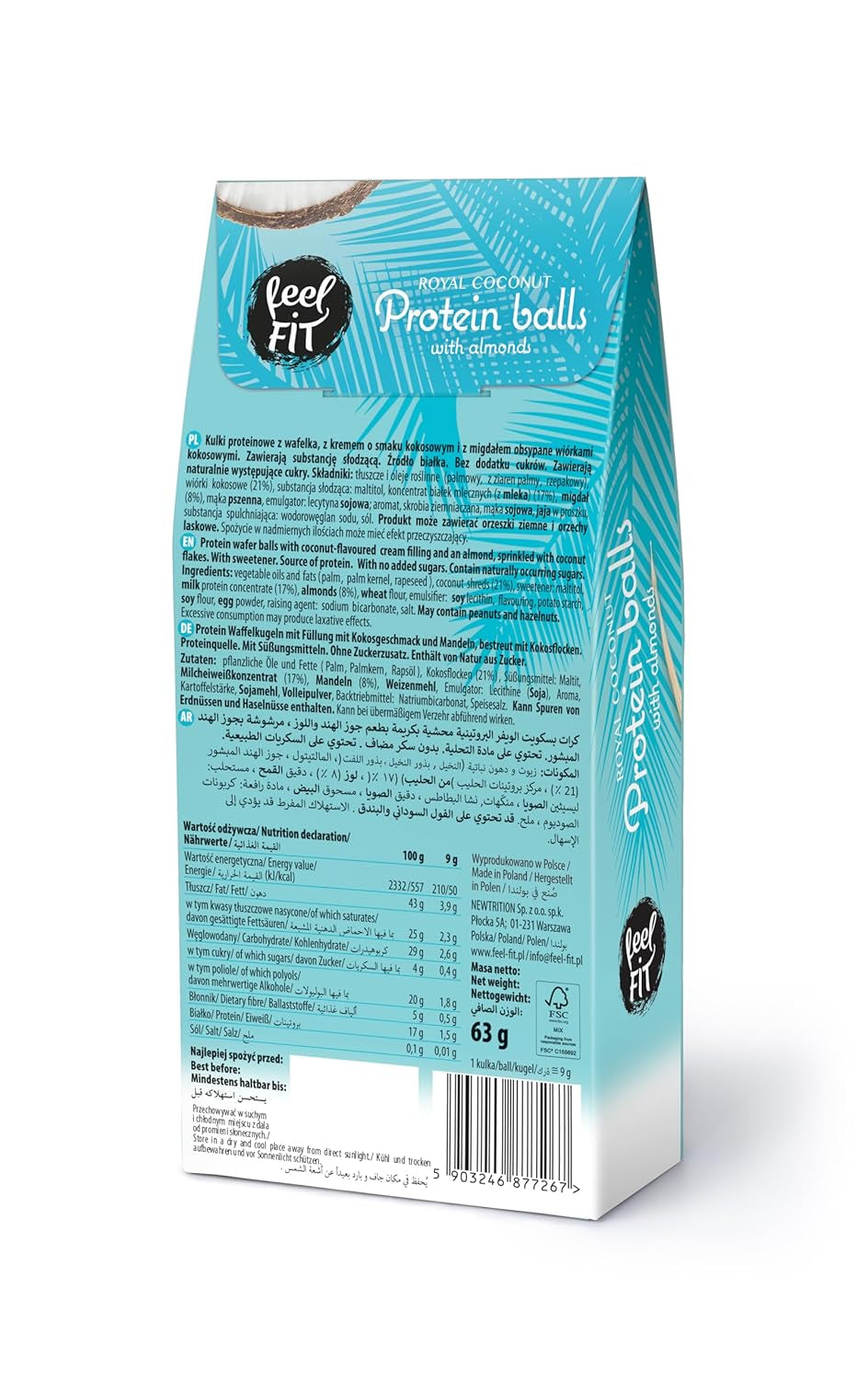 Pralinés noix de coco et amandes sans sucre, feel FIT, sans sucre ajouté, 17% de protéines, 63 g