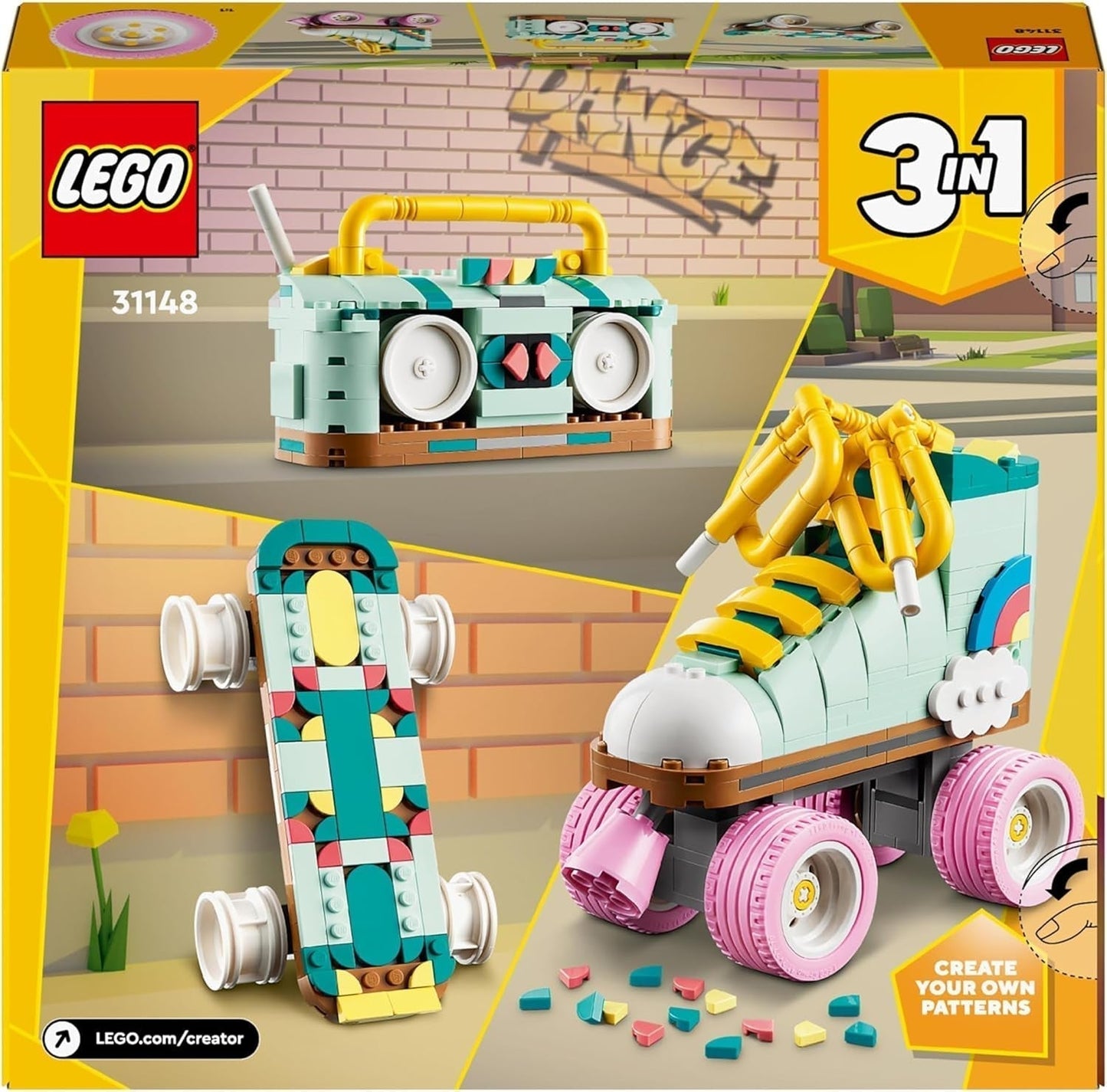 LEGO Creator Patin à roulettes 3 en 1 pour filles et garçons avec mini skateboard et boombox, décoration de chambre rétro, cadeau d'anniversaire pour 8 ans 31148 Ensembles de construction Besuche den LEGO-Store