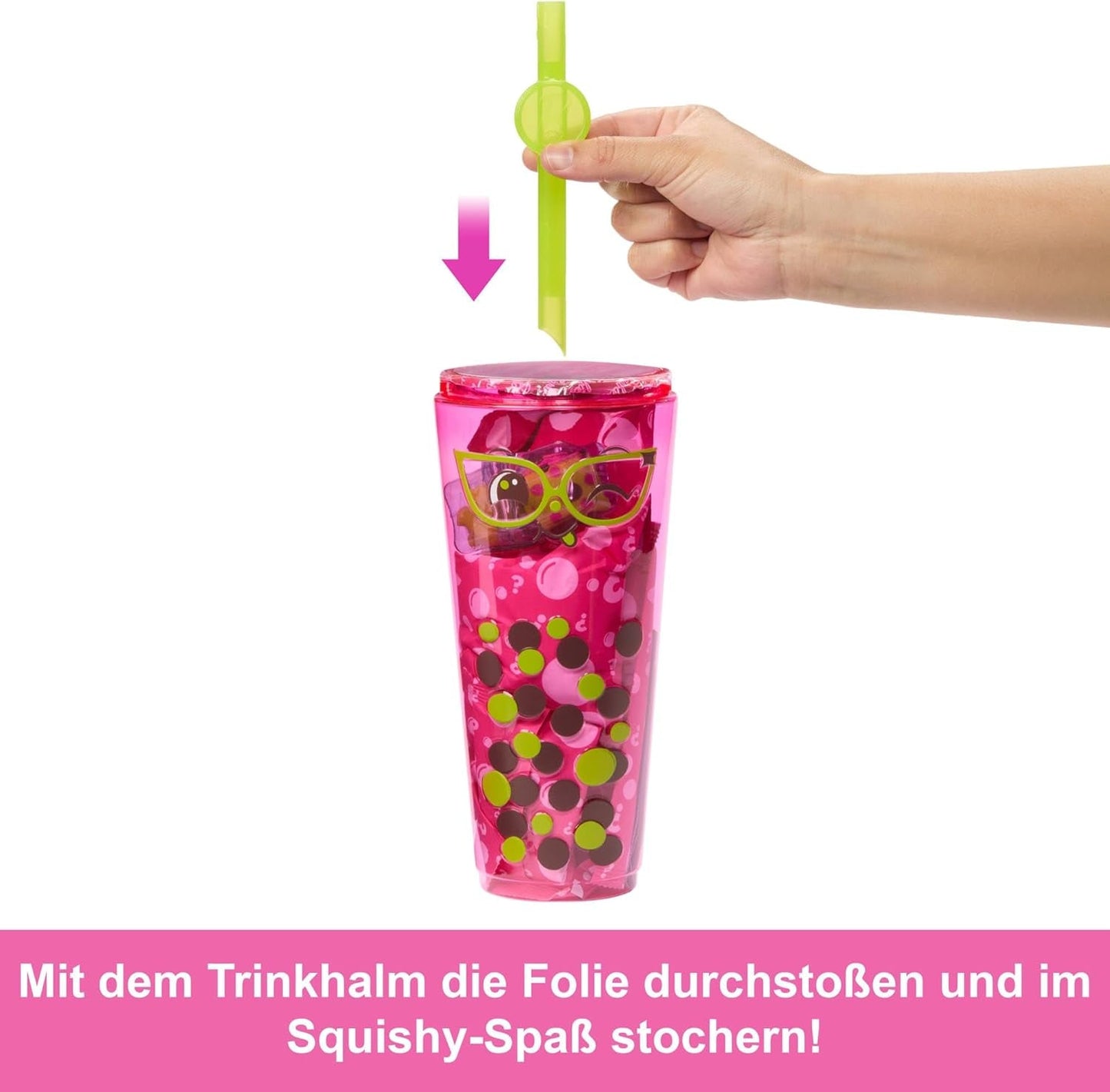 Barbie Pop Reveal Poupée Bubble Tea et accessoires, poupée mannequin parfumée Berry Bliss avec animal de compagnie, 8 surprises, avec changeur de couleur, tasse de rangement, HTJ20