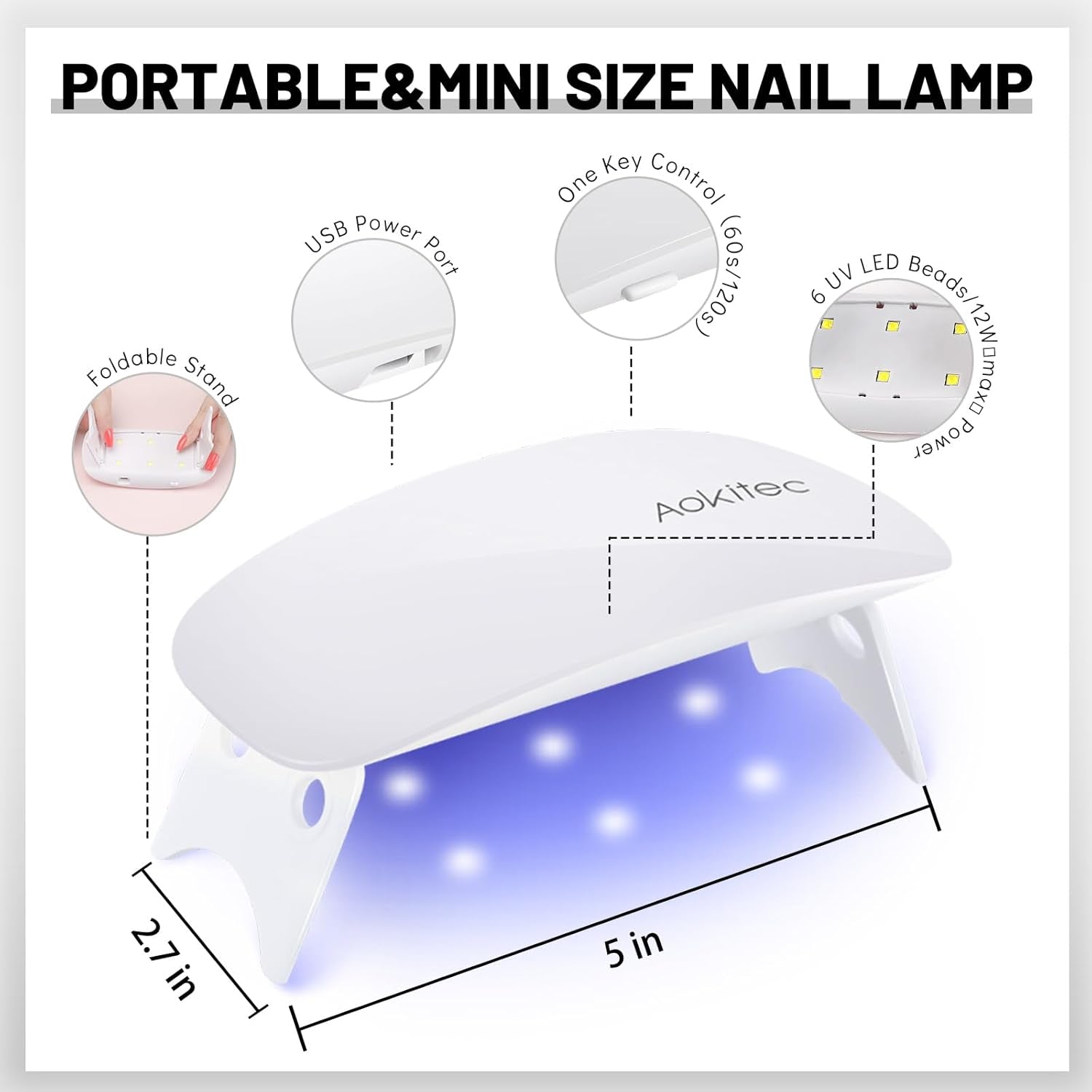 Aokitec Mini lampe UV LED, lampe à ongles gel UV, sèche-ongles portable pour tous types de vernis à ongles en gel, outil de durcissement en forme de souris, compact, léger avec câble USB (blanc)