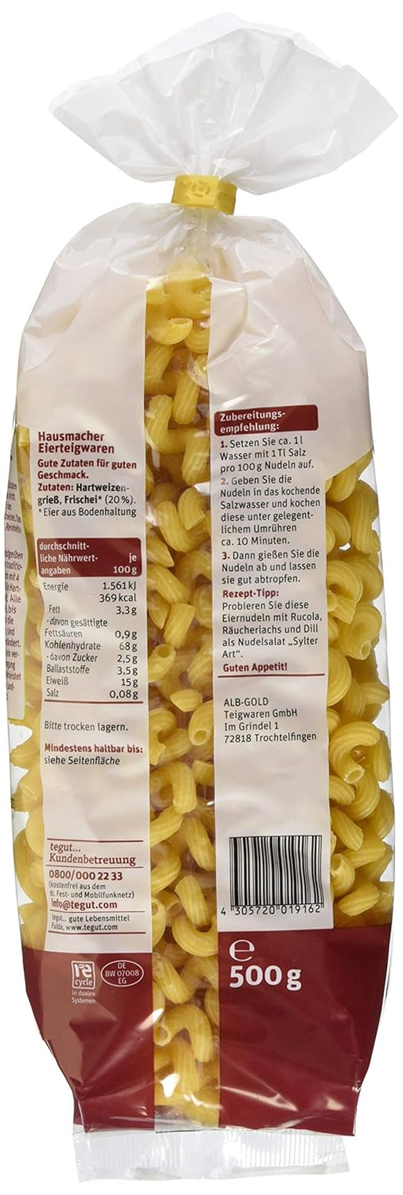 tegut... Nouilles à l'œuf, tire-bouchon, 1 x 500 g