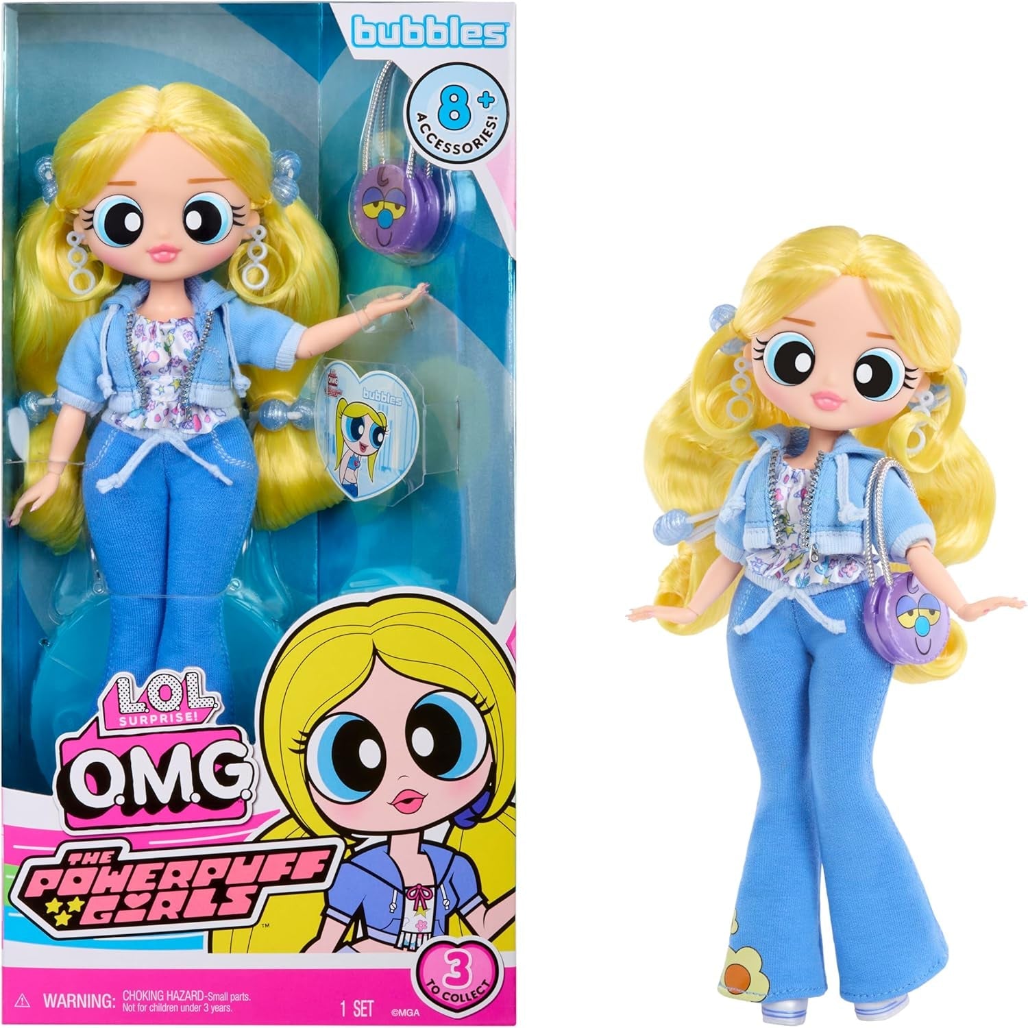 MDR. Surprendre! OMG The Powerpuff Girls Puppe - Bubbles - Enthält 1 Modepuppe, Inclus Outfit et Accessoires, 3 zum Sammeln
