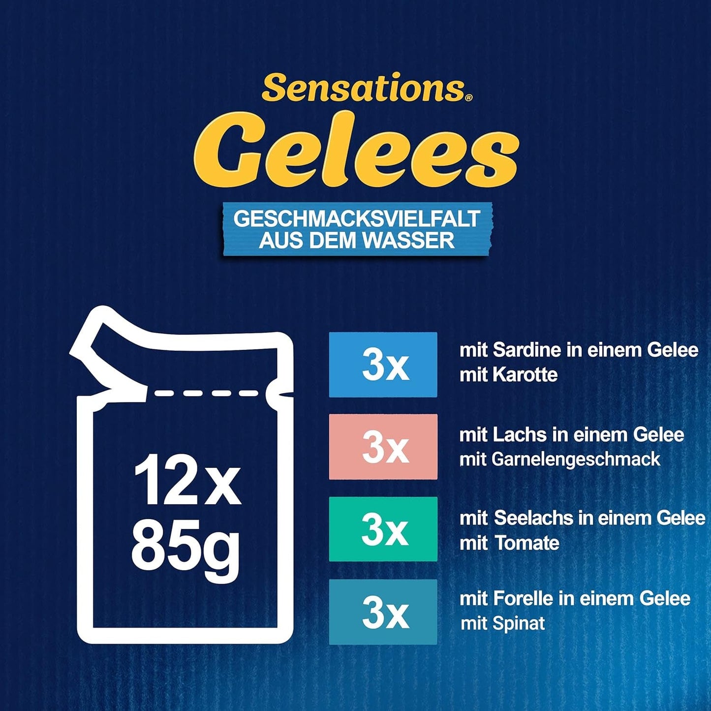 Felix Sensations Nourriture humide pour chat en gelée, mélange de poissons assortis, paquet de 6 (6 x 12 sachets de 85 g chacun)