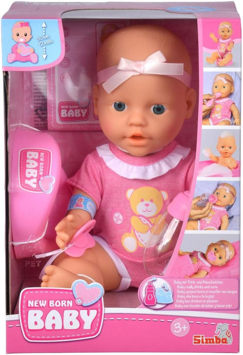 Simba 105030069 - Poupée nouveau-né, poupée à boire et à abreuver entièrement en vinyle avec acte de naissance et accessoires, 4 pièces, 30 cm, poupée bébé, à partir de 3 ans