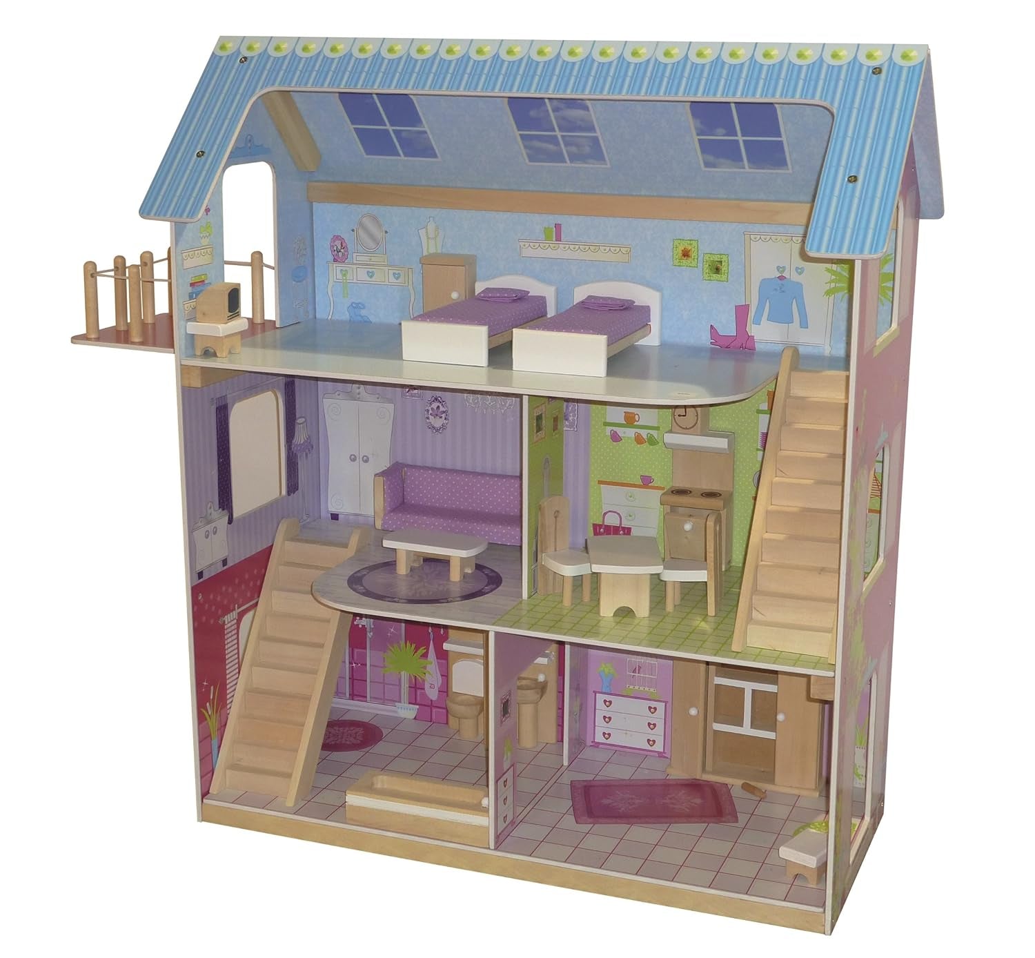 Roba Dollhouse Maison de poupée avec meubles et poupées Jouets pour filles Maisons de poupée en bois naturel Naty Shop Pastel