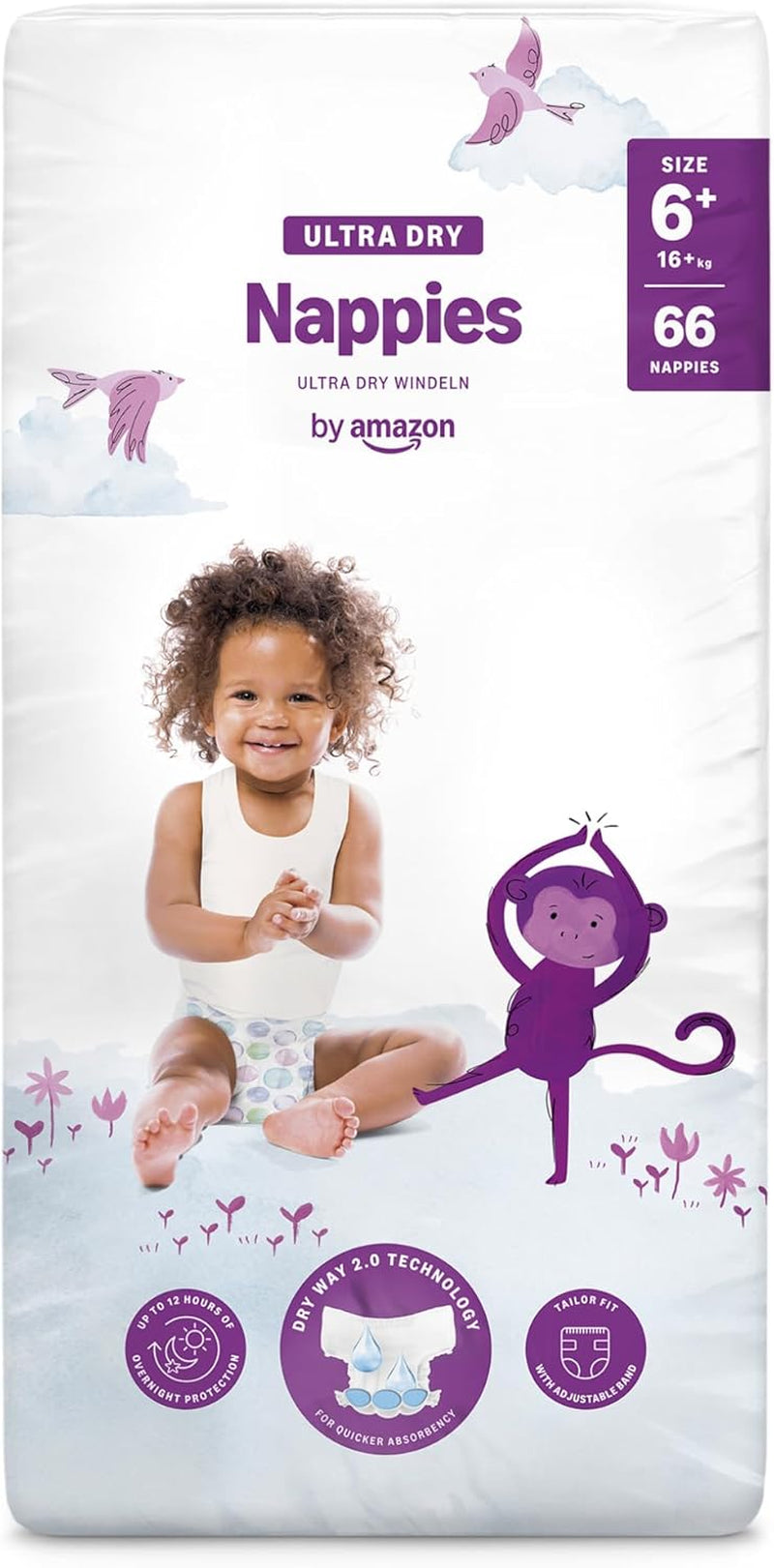 Couches Amazon Ultra Dry, taille 1 (2-5 kg) – Boîte mensuelle, blanche, 96 pièces (2 paquets de 48) (anciennement marque Mama Bear, produit identique)