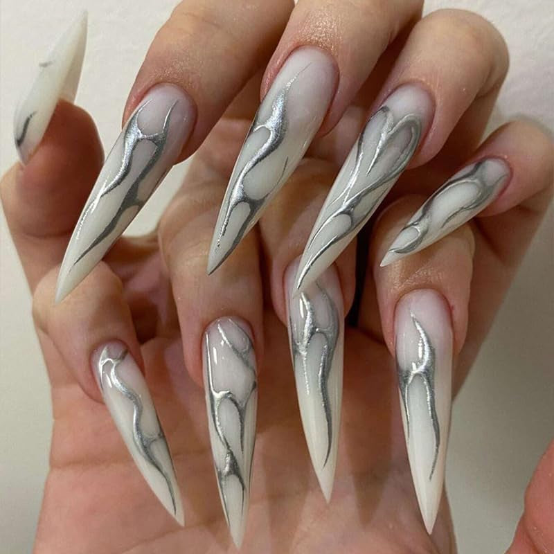Mouyouglow longs ongles Stiletto laiteux blanc dégradé rose paillettes Cool faux ongles avec colle rose Ombre paillettes ongles artificiels