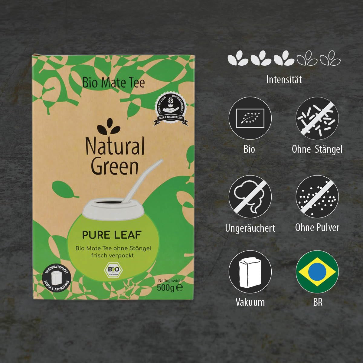 Delicatino - PURE LEAF vert naturel 500G, yerba mate biologique sans tige, frais et sans fumée, cultivé biologiquement, emballé sous vide pour une fraîcheur maximale