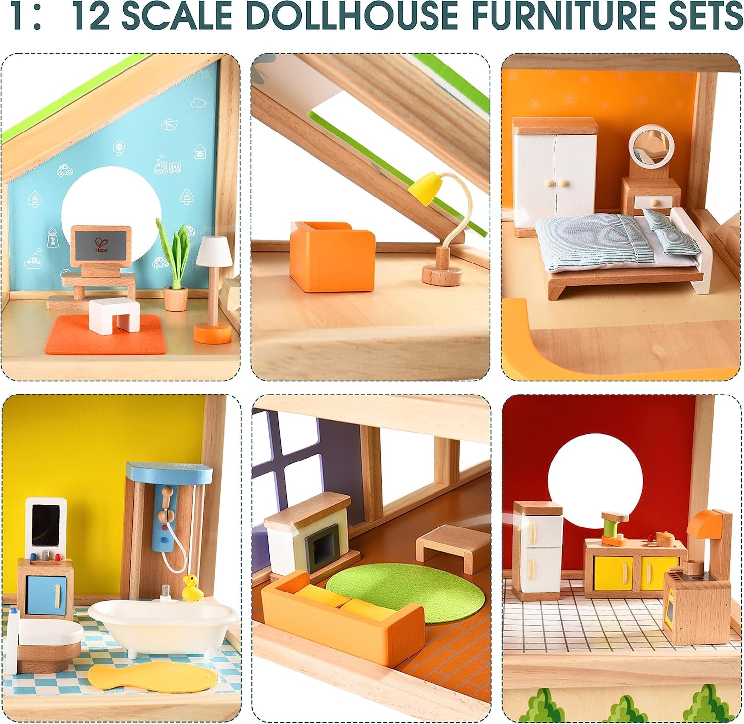 Hape Four Seasons Dollhouse - maison de poupée en bois primée à trois étages avec meubles, accessoires, escaliers coulissants et toit réversible pour toutes les saisons, pour les enfants de 3 ans et plus