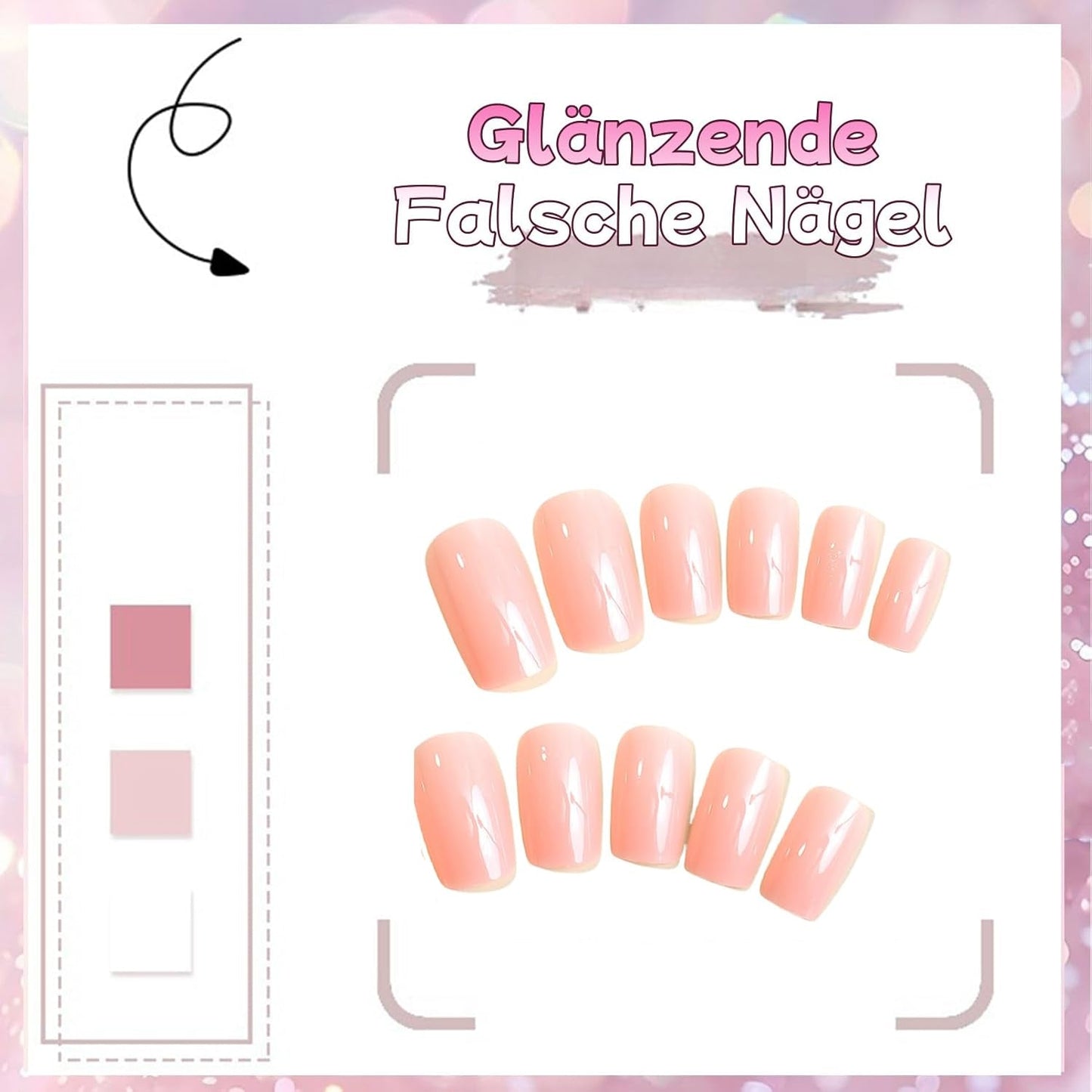 24 pièces rose couleur unie faux ongles auto-adhésif neutre faux ongles moyen carré gel doux pour les femmes bricolage couverture complète paillettes faux ongles