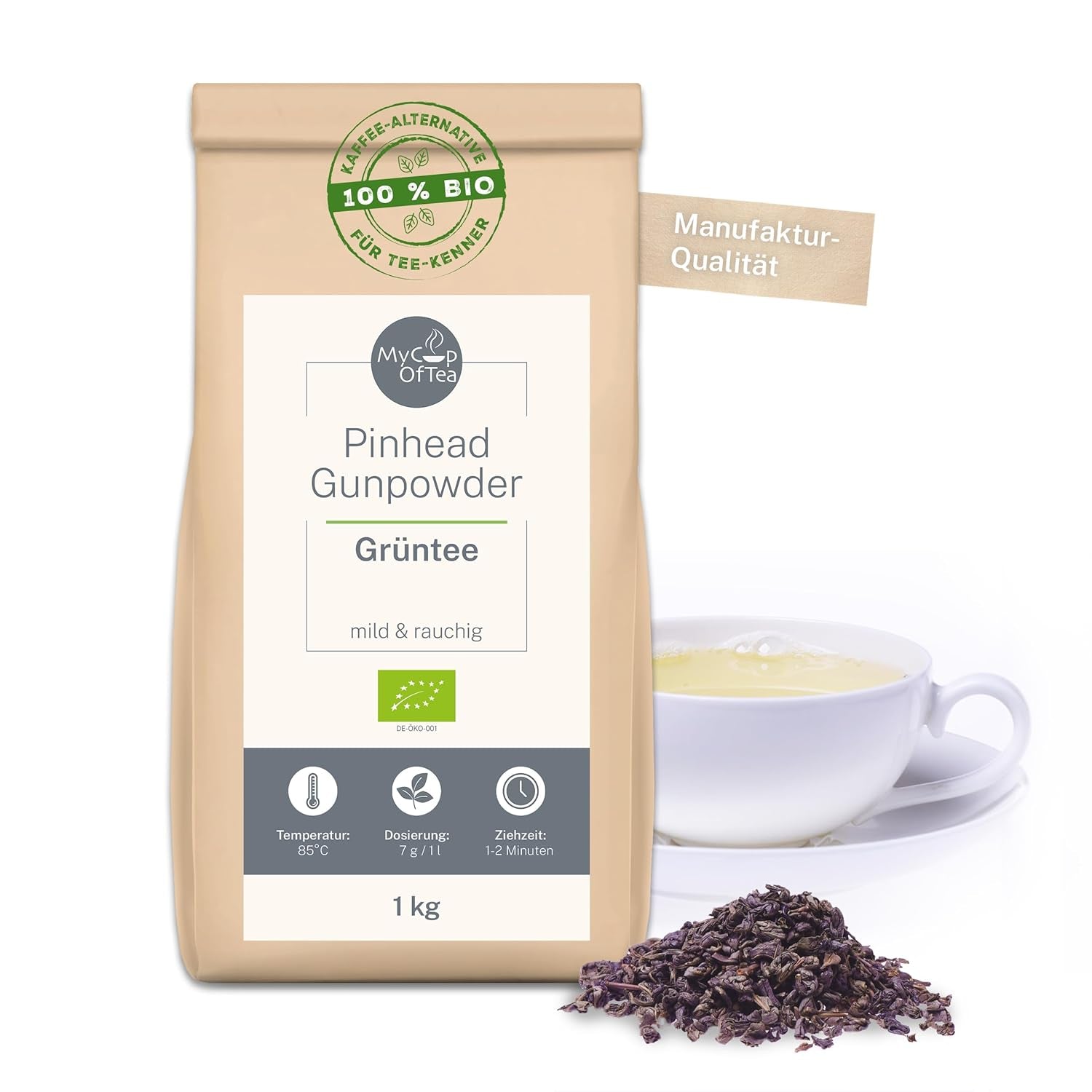 Thé vert biologique Pinhead Gunpowder en vrac 1 kg – Thé vert biologique de haute qualité de Chine – Léger goût fumé – Pour les gourmets et les connaisseurs de thé – Mycupoftea