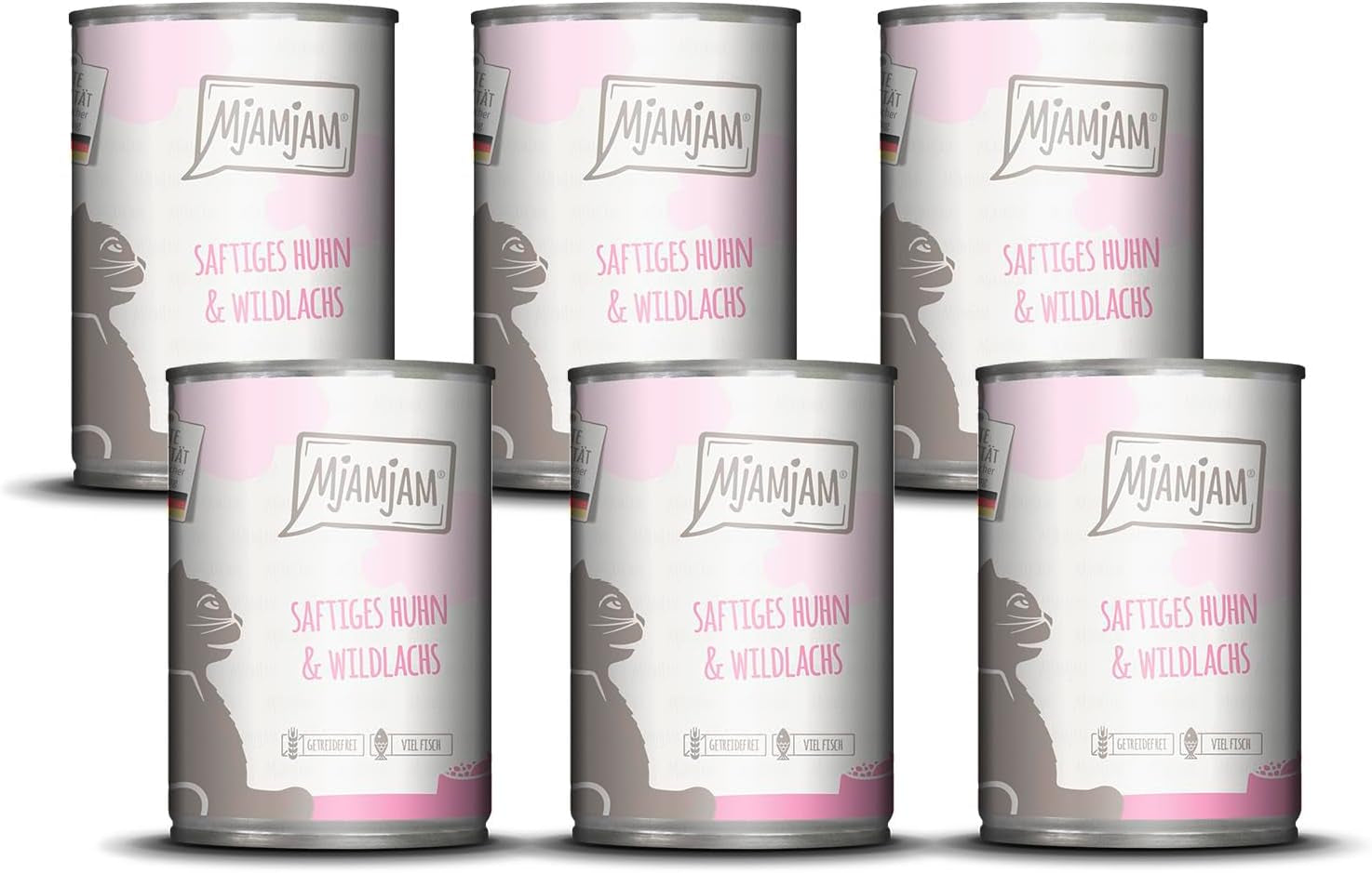 MjAMjAM - Nourriture humide de qualité supérieure pour chats - Paquet de 6 poulet juteux et saumon sauvage (6 x 400 g) sans céréales avec viande supplémentaire