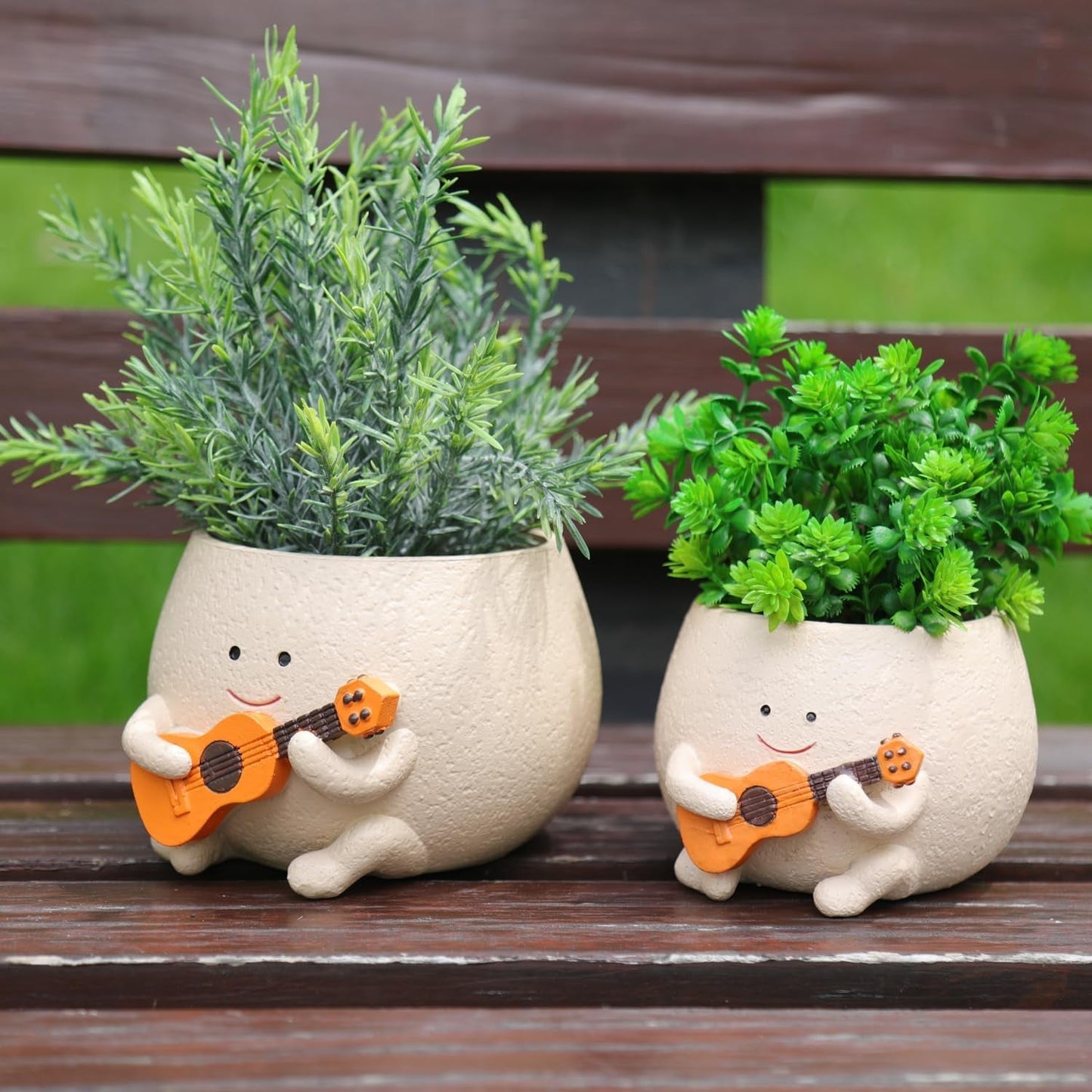 Smiley Face Pots de fleurs Tête de résine mignonne Collier de perles Pot de fleur Guitare unique Intérieur Extérieur Succulent Pot de fleur Idée cadeau pour maman