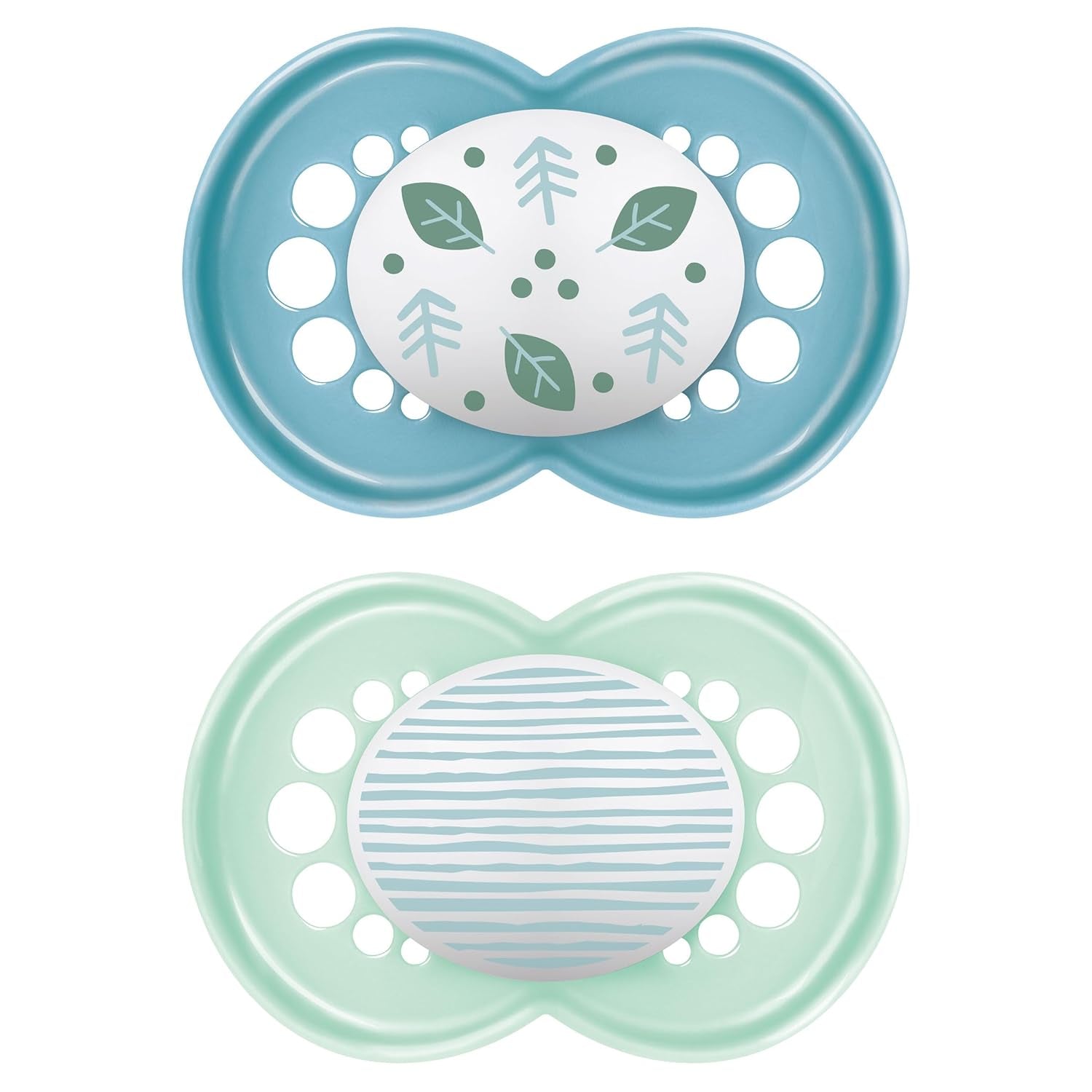Sucette MAM à partir de 6 mois avec tétine symétrique, plate et flexible, en silicone souple, facile à utiliser, avec boîte auto-stérilisante, Originale, Bleu clair, 2 pièces