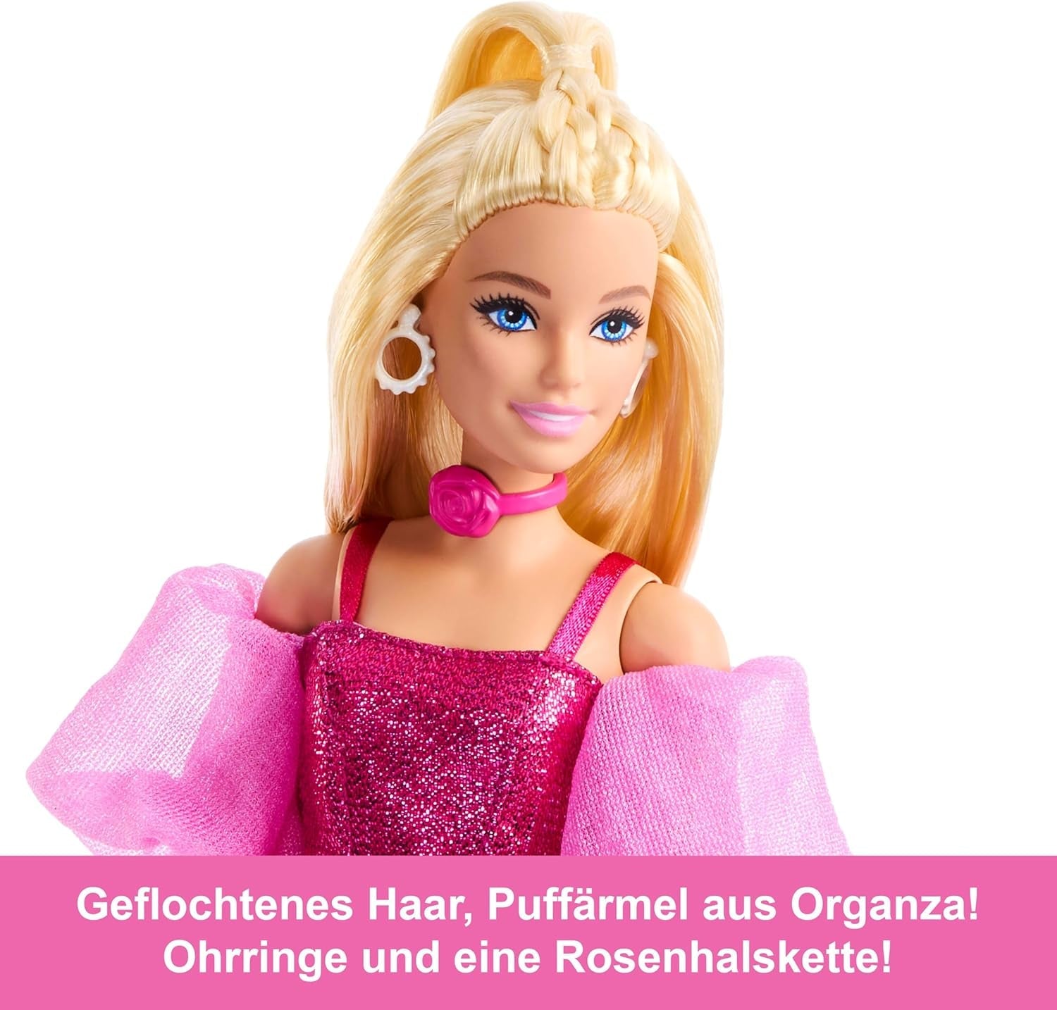Poupée Barbie Deluxe Style #5 dans une tenue blonde rose métallisée avec un haut corsage scintillant et un pantalon scintillant, avec des accessoires dont un collier rose et un sac à main, JFP40