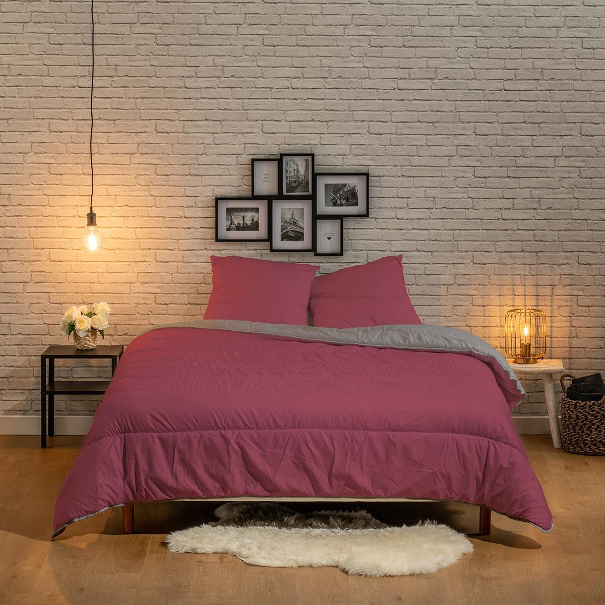 Couette réversible bicolore Bleu Câlin pour 2 personnes, microfibre, bordeaux/poivre, 220X240 cm Couettes et couettes Naty Shop
