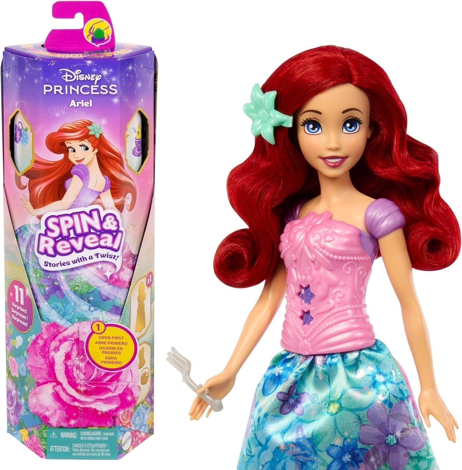 Mattel Disney The Ice Queen Elsa Fashion Doll Set, Spin & Reveal avec 11 surprises, dont 5 accessoires, 5 autocollants et une scène de jeu, inspirée du film Disney, HTG25 Dolls Naty Shop Arielle ensemble de poupées mannequins