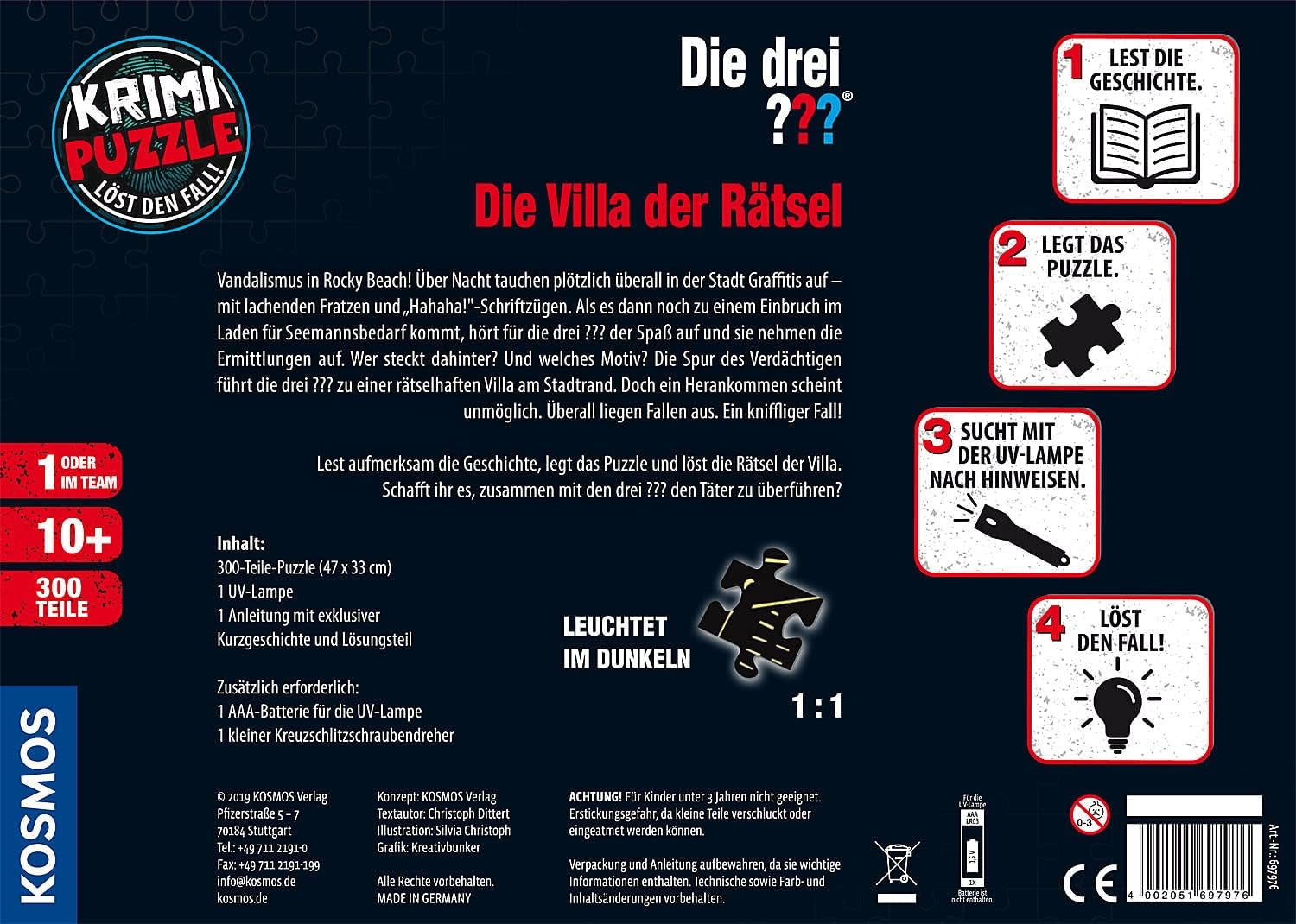 Les Trois ??? - Puzzle Crime - La Villa des Puzzles Par KOSMOS 697976, 300 pièces, Brille dans le noir, Avec lampe UV, Lecture, Puzzle, Résolution de puzzles, Puzzle Détective A partir de 10 ans Puzzle Naty Shop